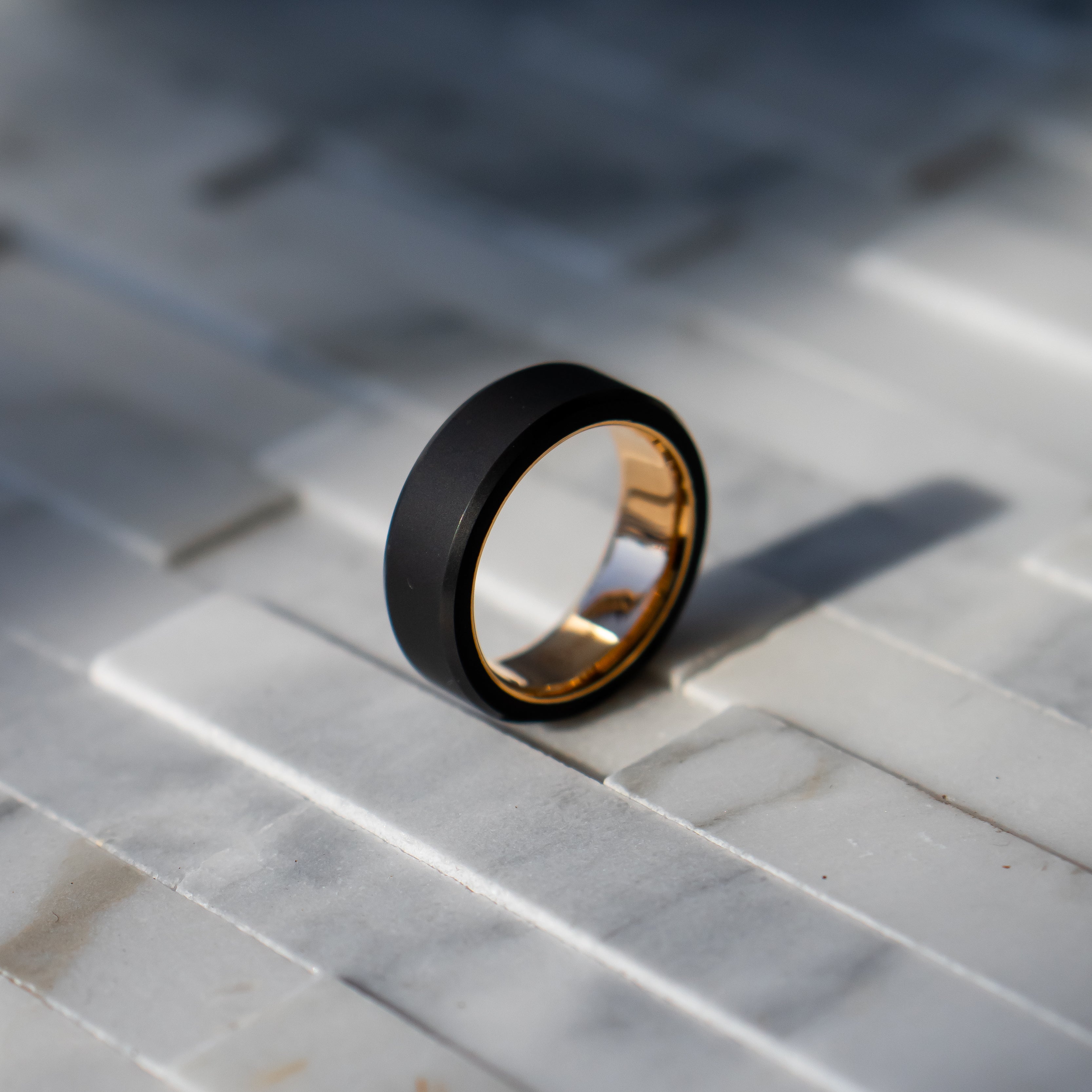 Black Diamond - Men’s Ring 8mm - 14k Rose Gold Sleeve - ARES - Elysium Black Diamond