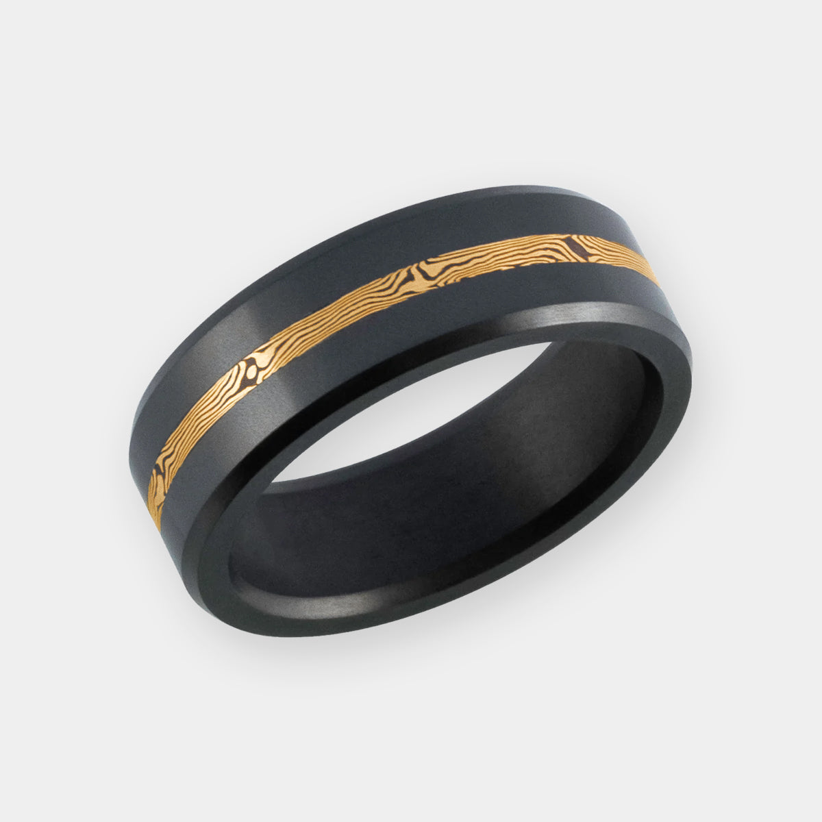 Men's Black Diamond Ring with 14k Yellow Gold Mokume Inlay on a white background | Elysium ARES | Men’s Mokume Gold & Diamond Rings | Mokume Gold Wedding Ring