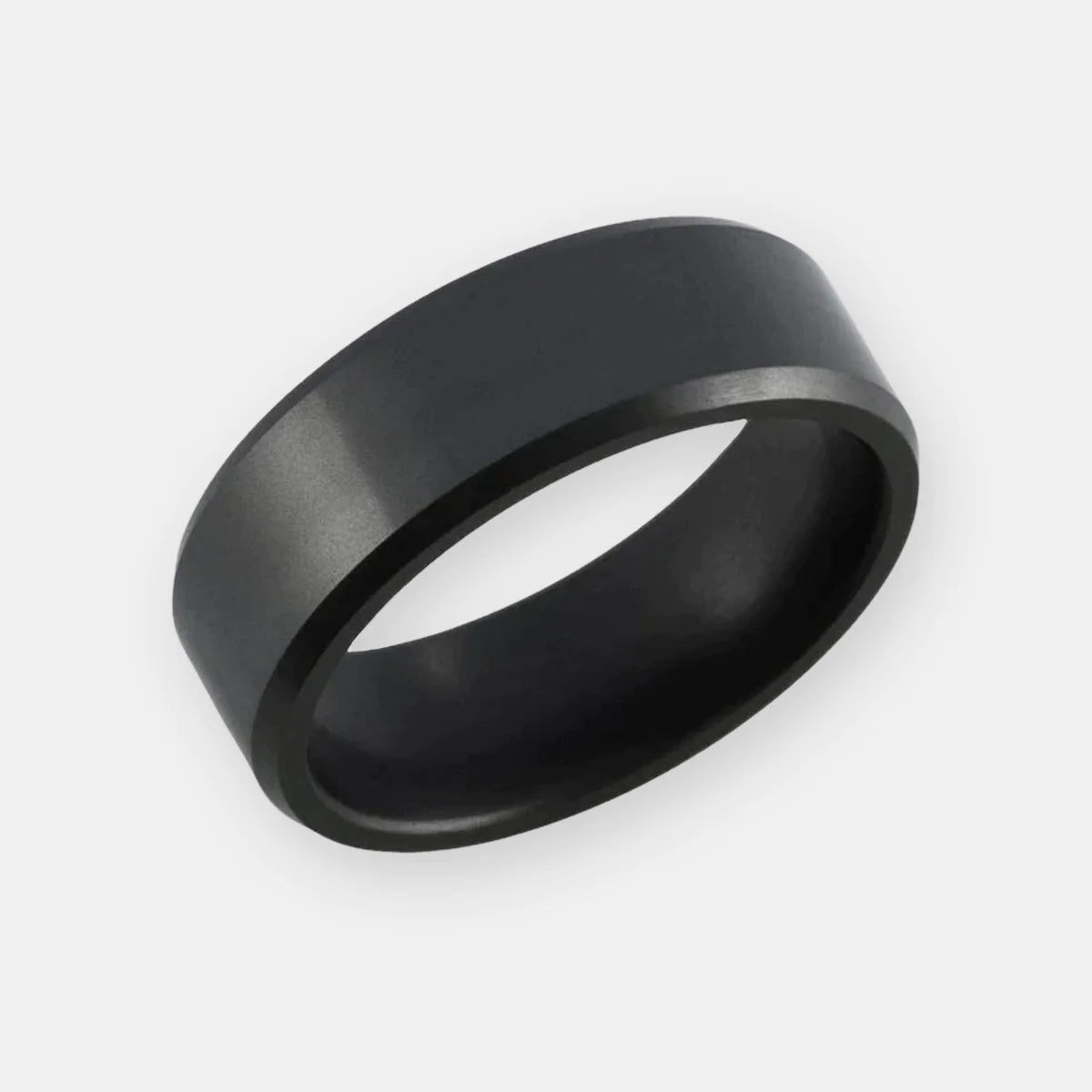 Solid Black Diamond Wedding Ring with Beveled Edge on White Background | Elysium Black Diamond Ring - Elysium Ares 8mm - Beveled Solid Black Diamond Ring | Products | Image 1