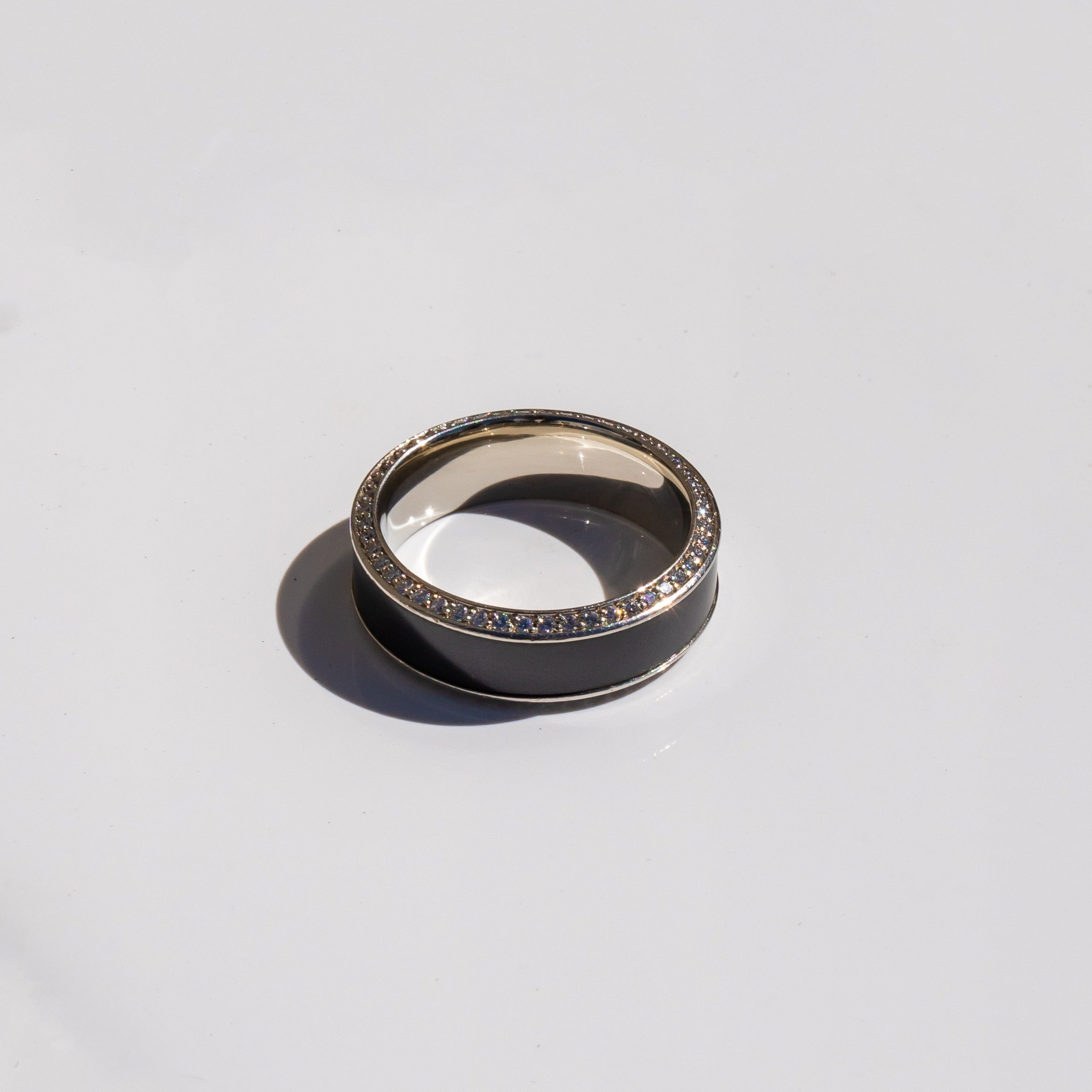 Black Diamond - Men’s Ring 8mm - White Gold Band w Black Diamond inlay and Diamond Insets - HELIOS - Elysium Black Diamond