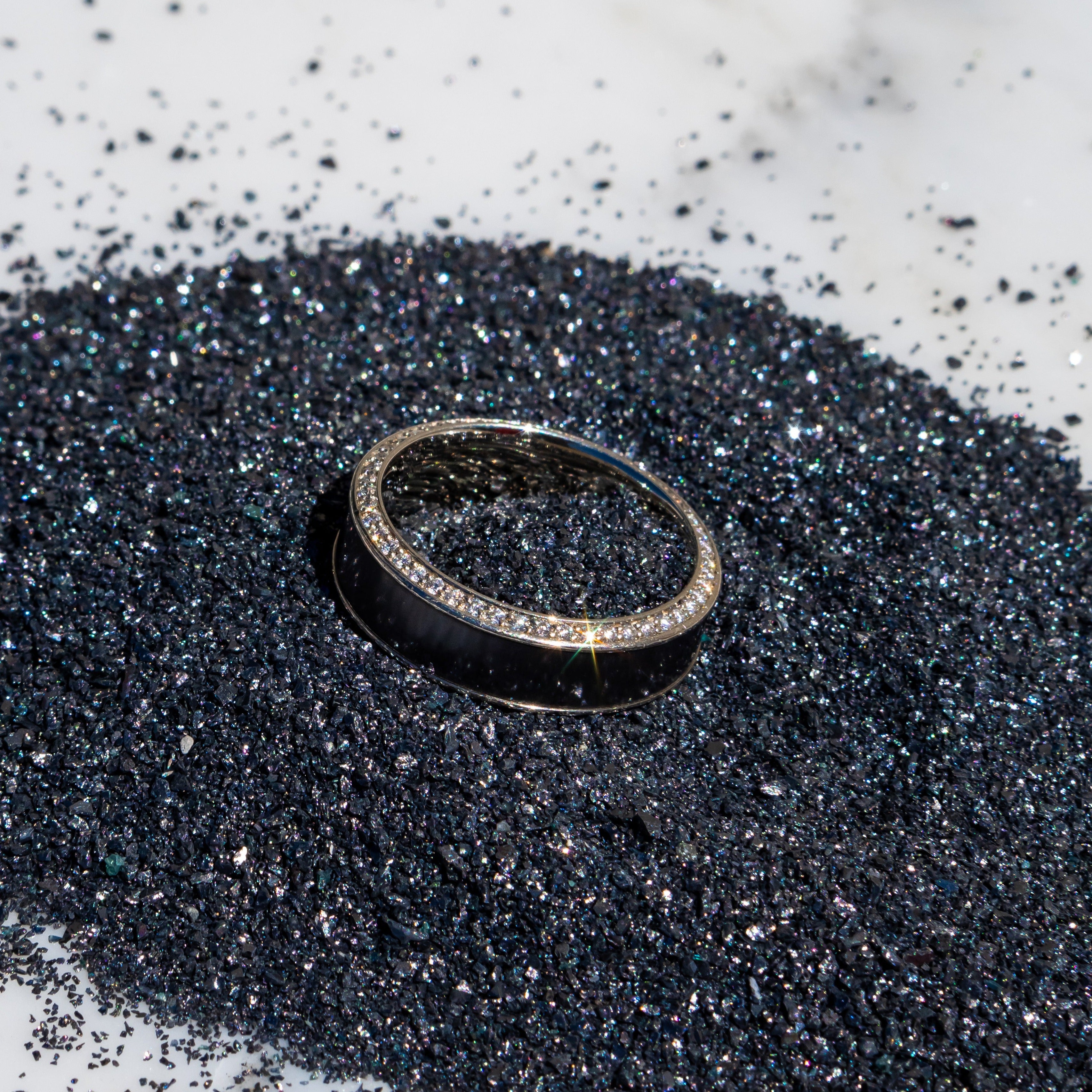 Black Diamond - Men’s Ring 8mm - White Gold Band w Black Diamond inlay and Diamond Insets - HELIOS - Elysium Black Diamond