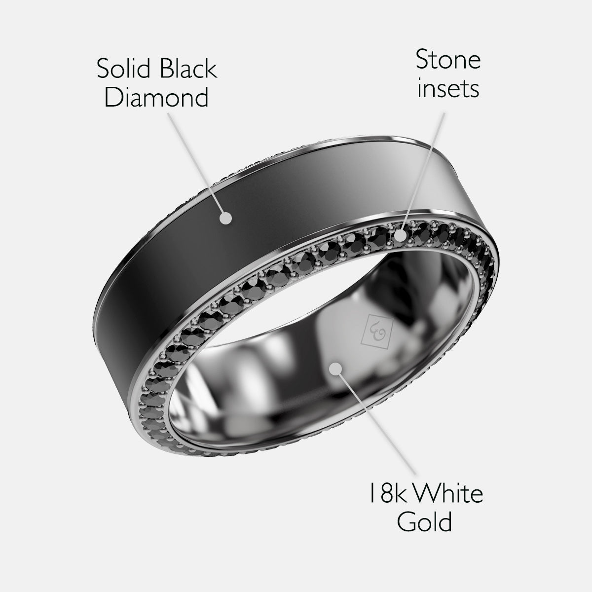 Black Diamond - Men’s Ring 8mm - Platinum Band w Black Diamond inlay and Diamond Insets - HELIOS - Elysium Black Diamond
