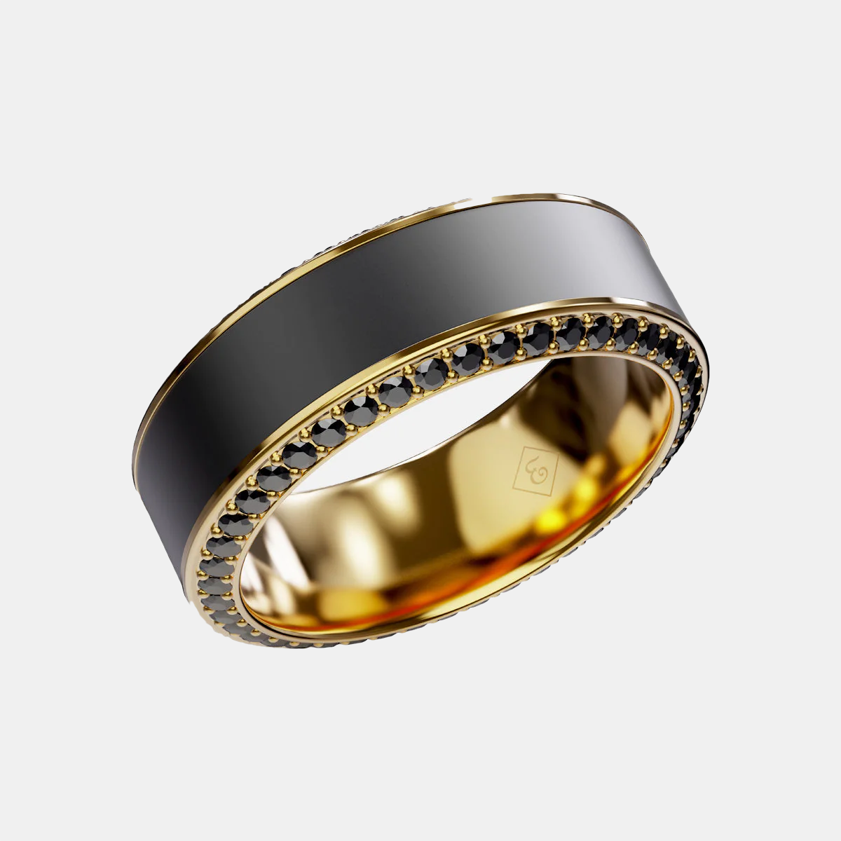 HELIOS  - 8mm - Size 8 - 14K Yellow Gold Band w Black Diamond inlay and Diamond Insets Polished Finish - SHIPS WITHIN 2 BUSINESS DAYS