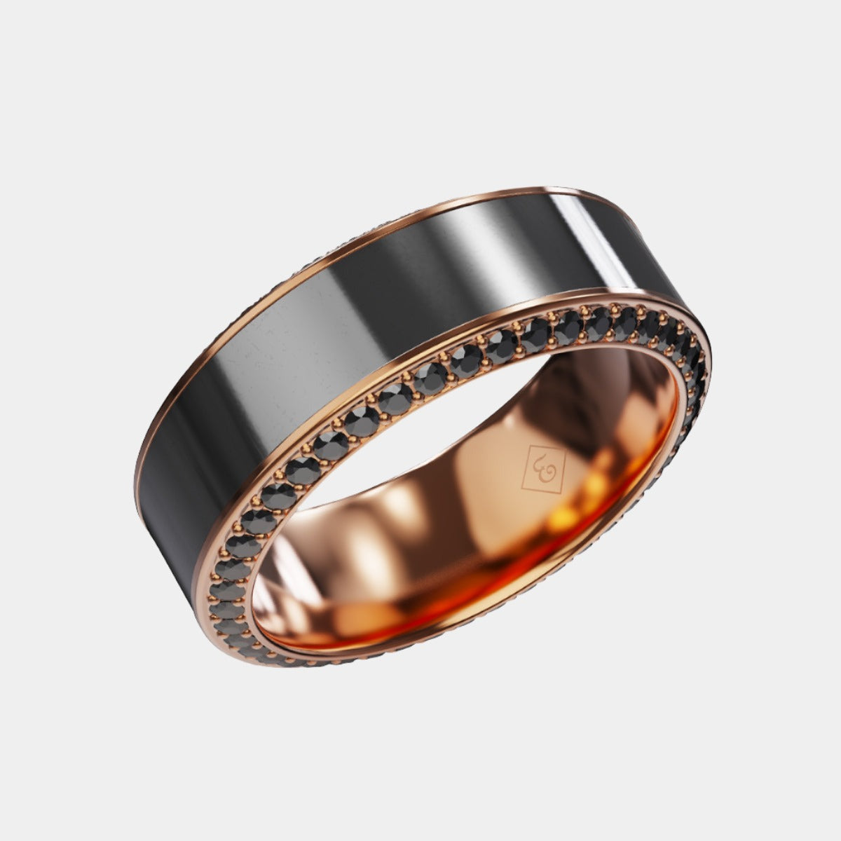 Men's Black Diamond 8mm Ring with Rose Gold Band with Black Diamond Inlay and Black Diamond Insets | Elysium HELIOS | Men’s Rose Gold Band | Men's Black Diamond Wedding Ring