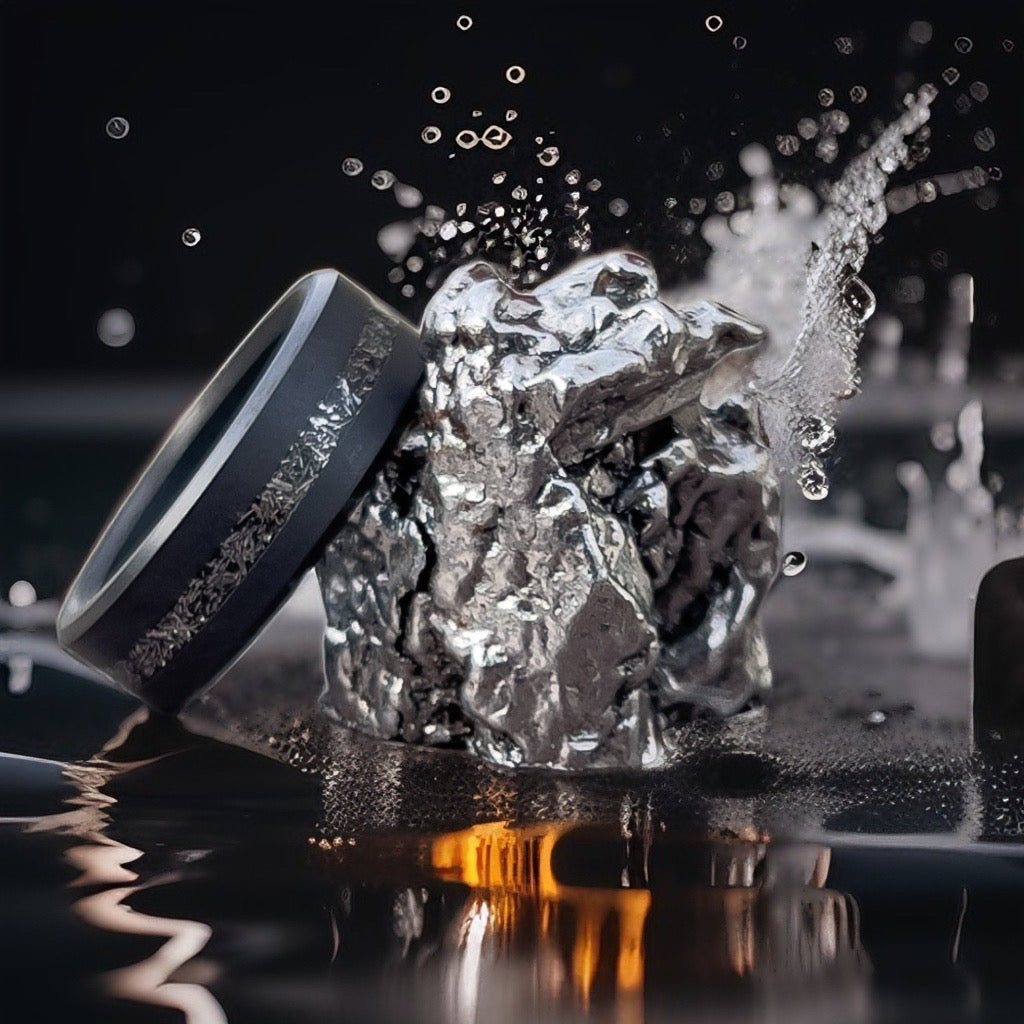 Black Diamond - Men’s Ring 8mm - Authentic Muonionalausta Meteorite Inlay - ARES - Elysium Black Diamond