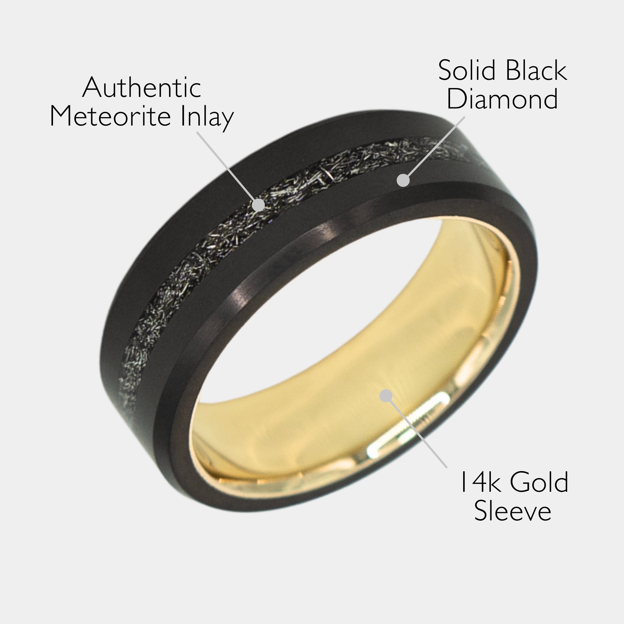 الماس الأسود - خاتم رجالي 8 ملم - مرصع بنيزك Muonionalausta الأصلي - ARES - Elysium Black Diamond