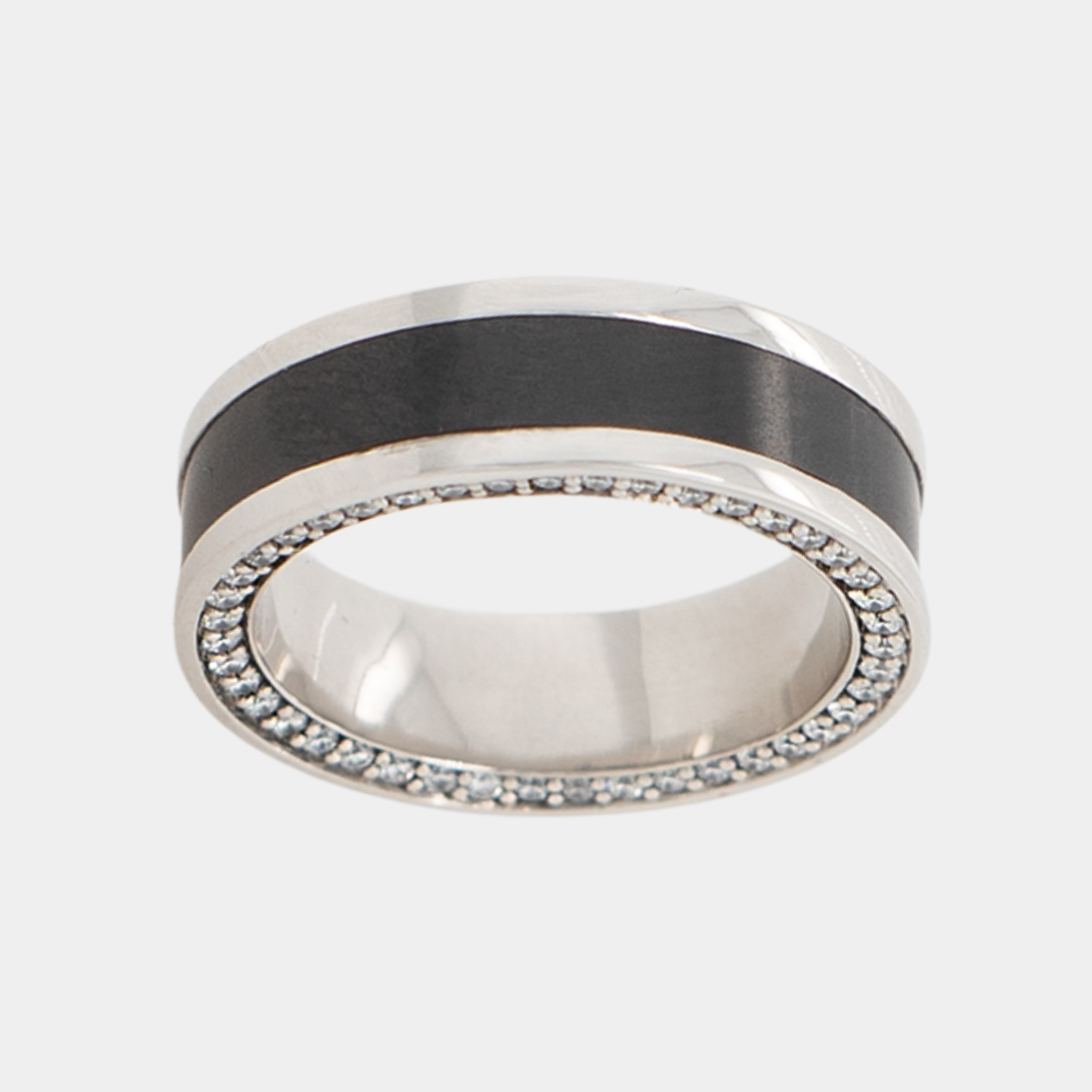 ZEUS ring – 7mm black diamond men’s ring with a platinum band, black diamond inlay, and white diamond insets. Top-down view showing the symmetry of the black diamond inlay and inset diamonds.