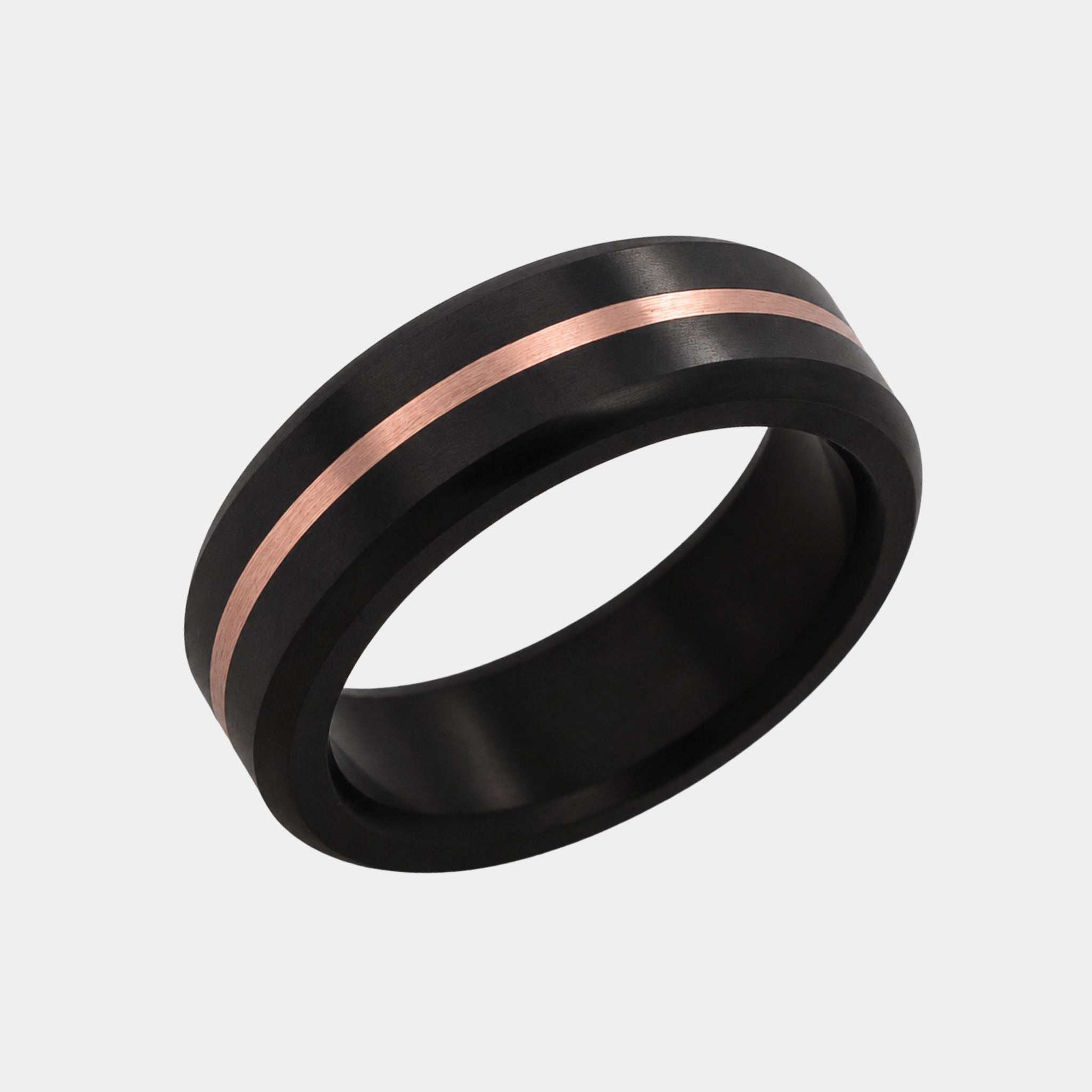ARES 6mm solid black diamond wedding band with centered 1mm 10K rose gold inlay
