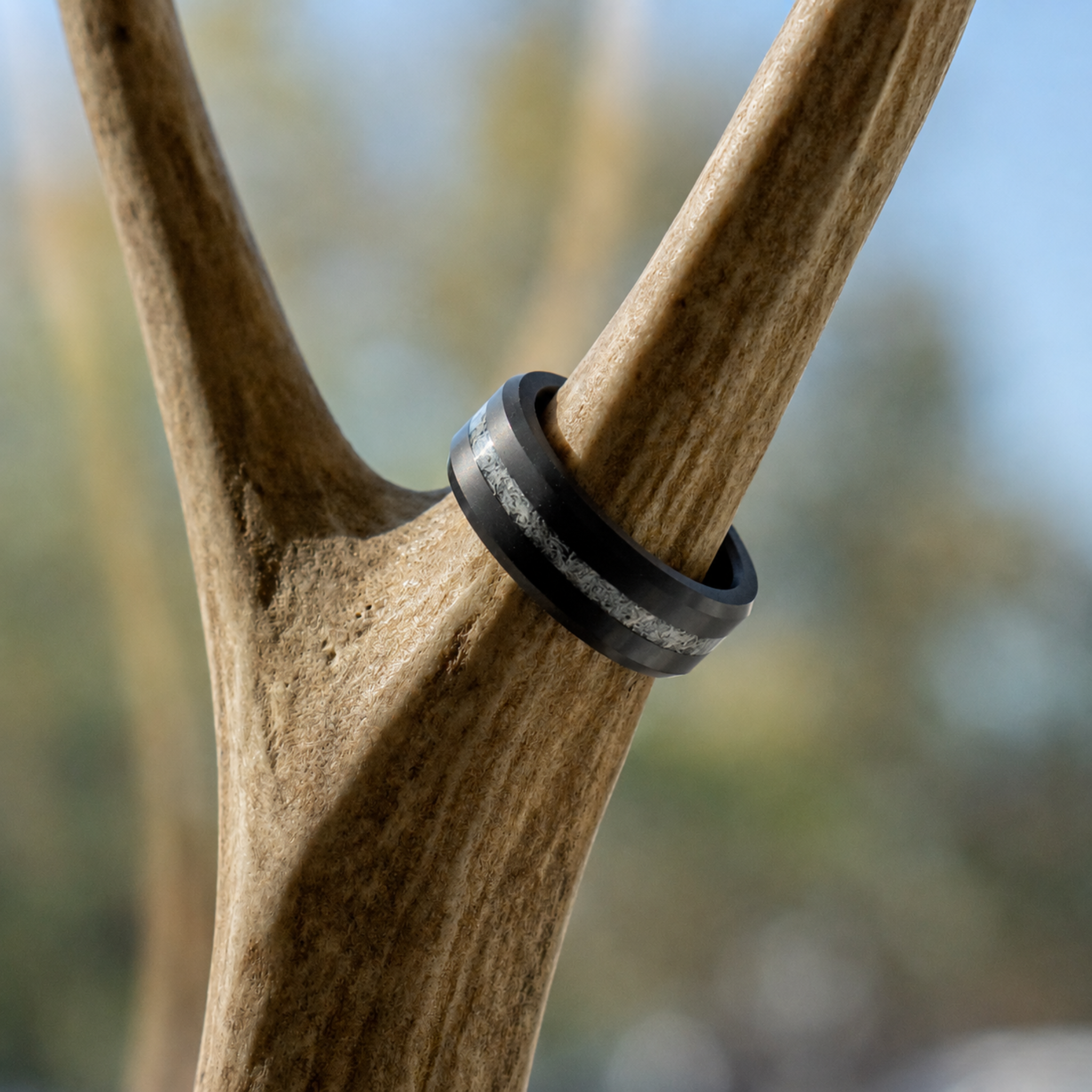 ARES antler inlay wedding band in solid black diamond on natural antler