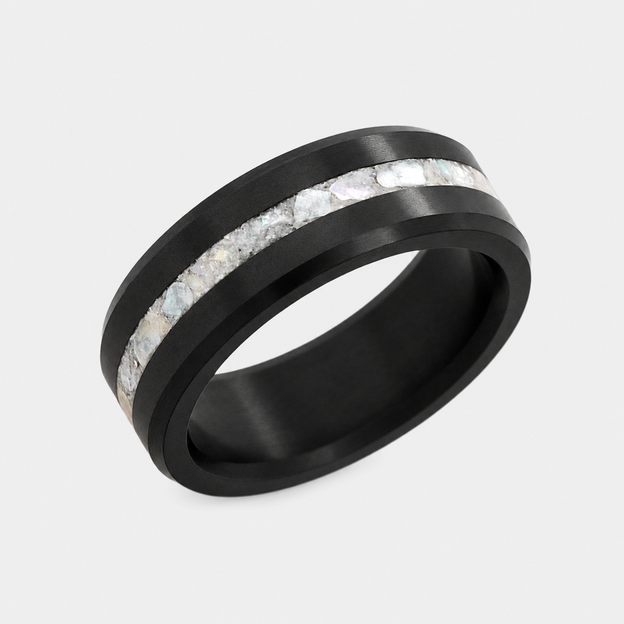 ARES crushed pearl inlay wedding band in solid black diamond, 8mm