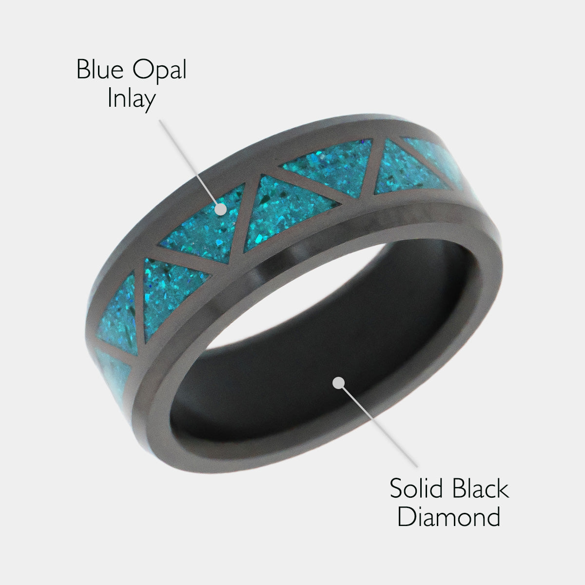 Black Diamond - Men’s Ring 8mm - Blue Opal Triangle Pattern Inlay - ARES - Elysium Black Diamond