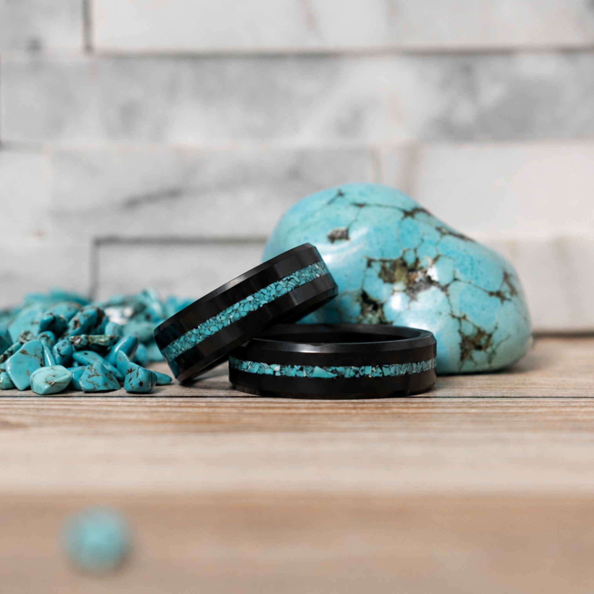 ARES turquoise inlay wedding bands in solid black diamond, 8mm and 7mm