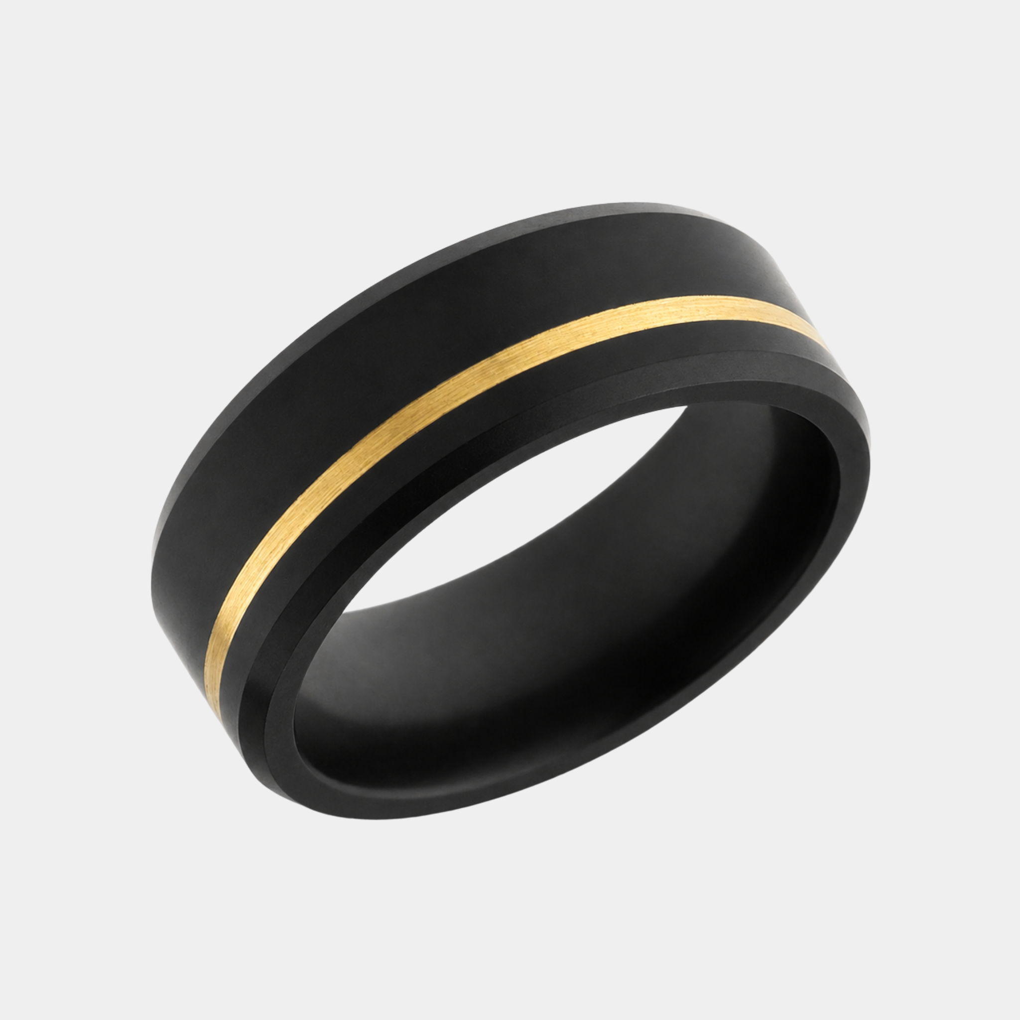 ARES solid black diamond ring with 24K yellow gold offset inlay featuring a beveled profile and architectural design.