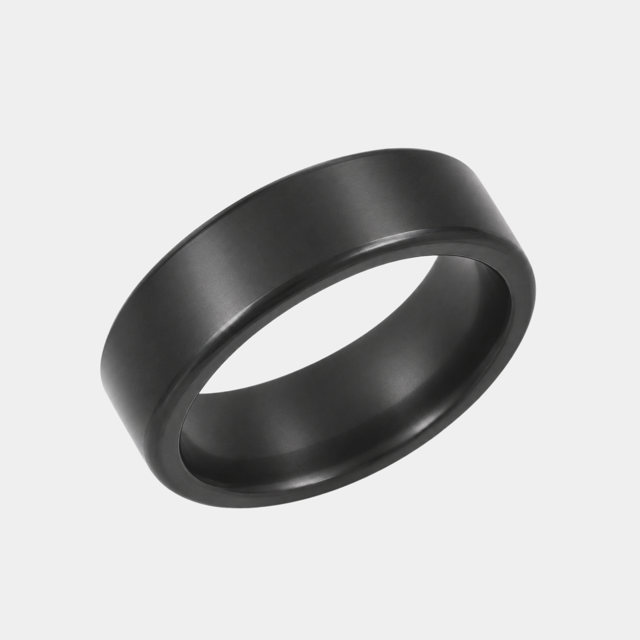 KRATOS 7mm polished solid black diamond wedding band in a three-quarter studio view