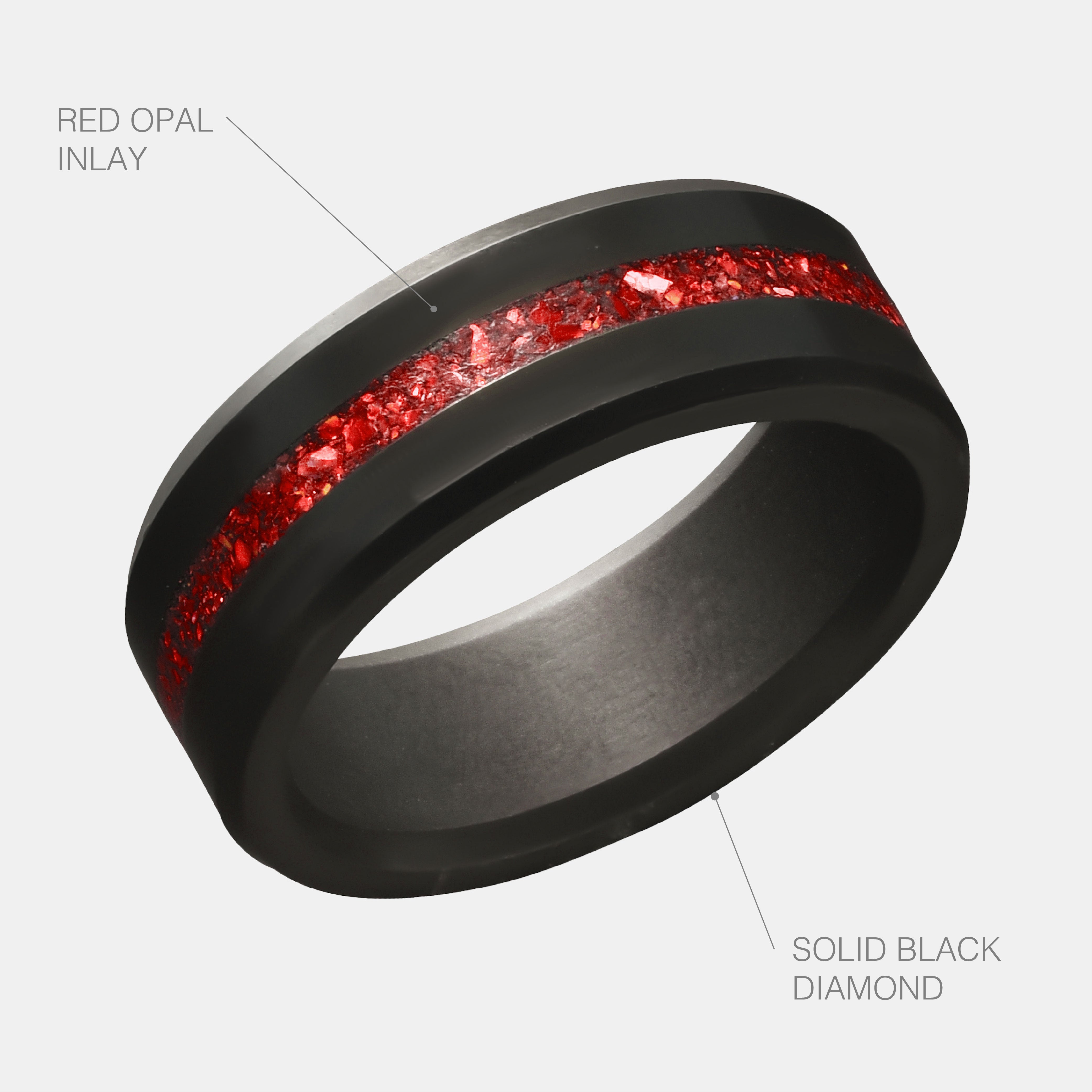 Men's Black Diamond & Red Opal Ring with a white background & material descriptions listed | Elysium ARES | Men’s Opal Rings | Opal Rings for Men