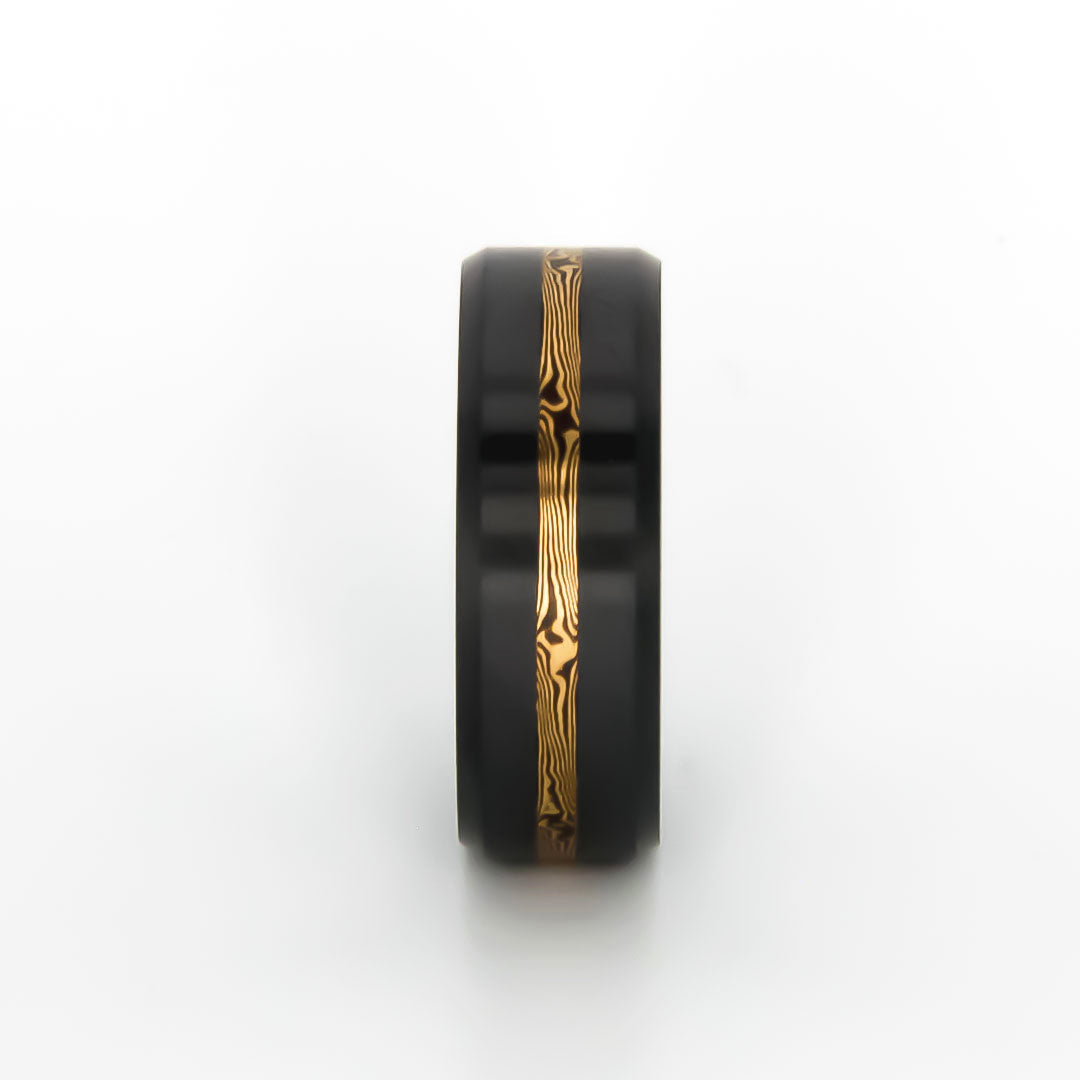 Men's Black Diamond & Mokume 14k Gold Inlay with a white background, straight on view | Elysium ARES | Men’s Mokume 14k Gold Rings | Mokume 14k Gold Wedding Ring