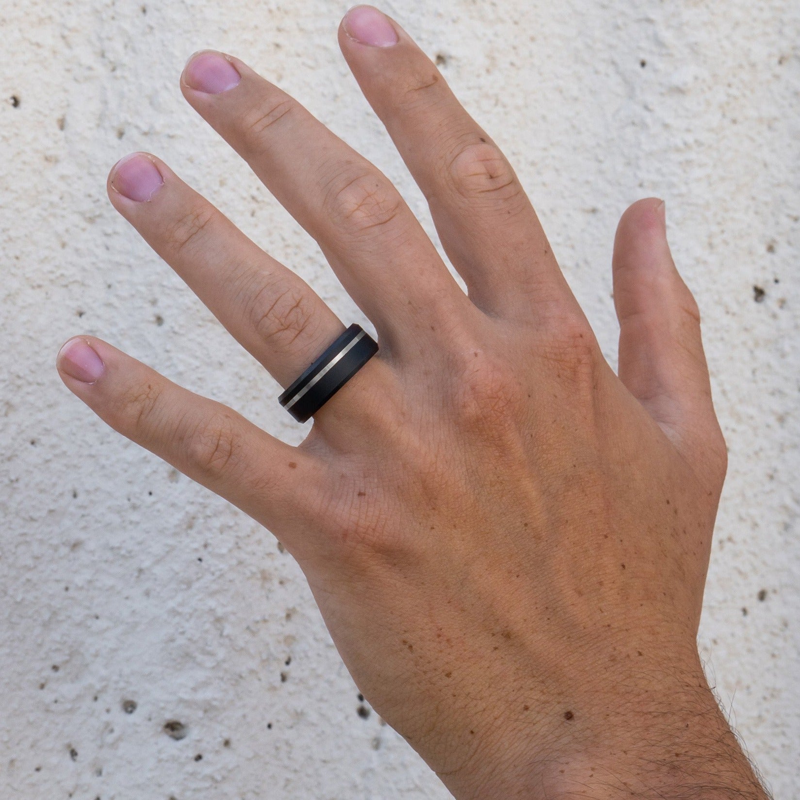 Men's Black Diamond Ring w/ Silver Inlay Lifestyle Shot #2 | Elysium ARES | Black and Silver Ring | Ring Black Silver | Black Diamond Ring Silver
