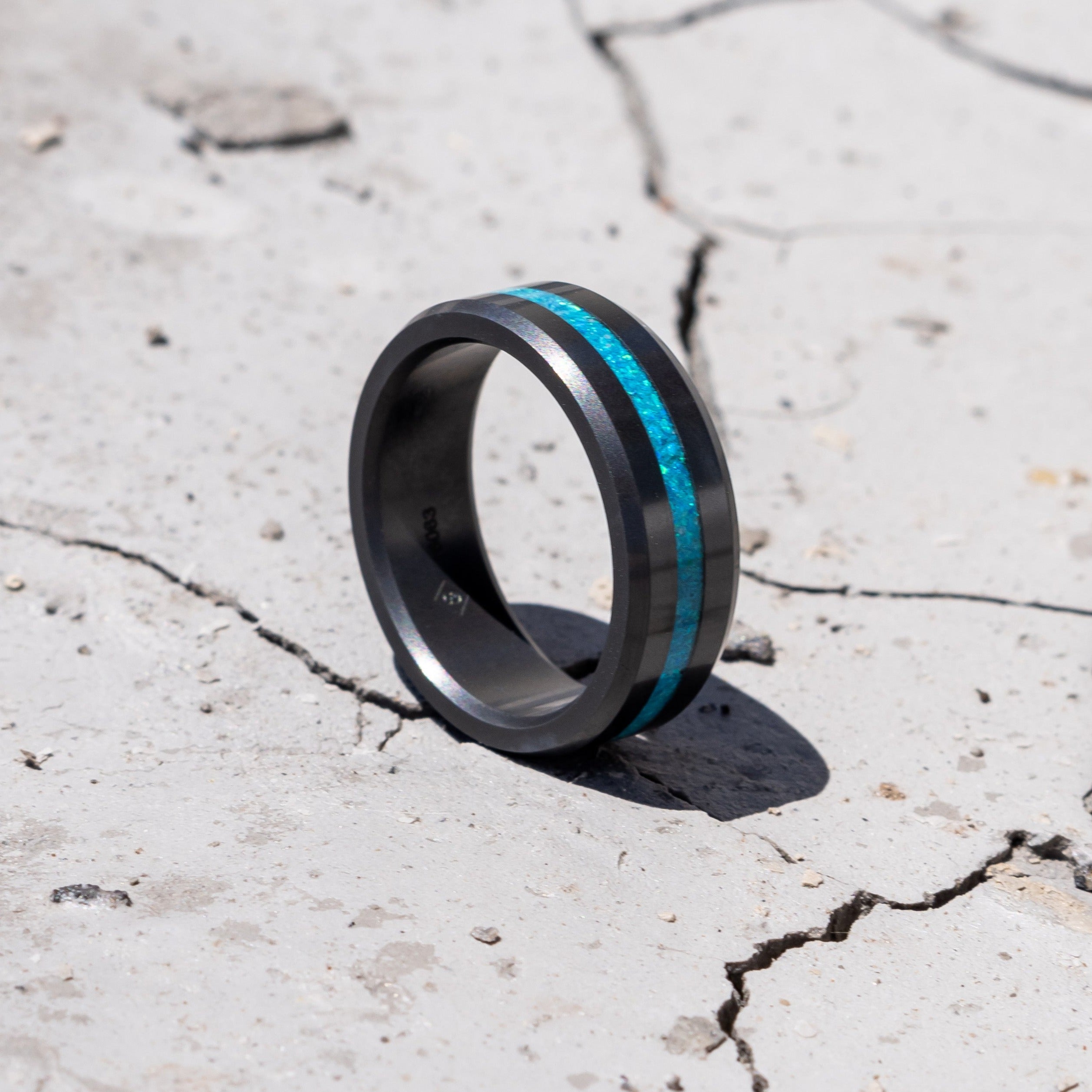 Black Diamond - Men’s Ring 8mm - Blue Opal Inlay - ARES - Elysium Black Diamond
