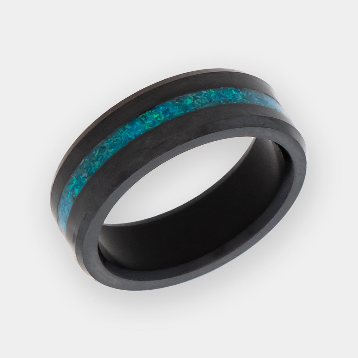 Elysium Ares: 8mm Solid Black Diamond Ring with Blue Opal Inset 