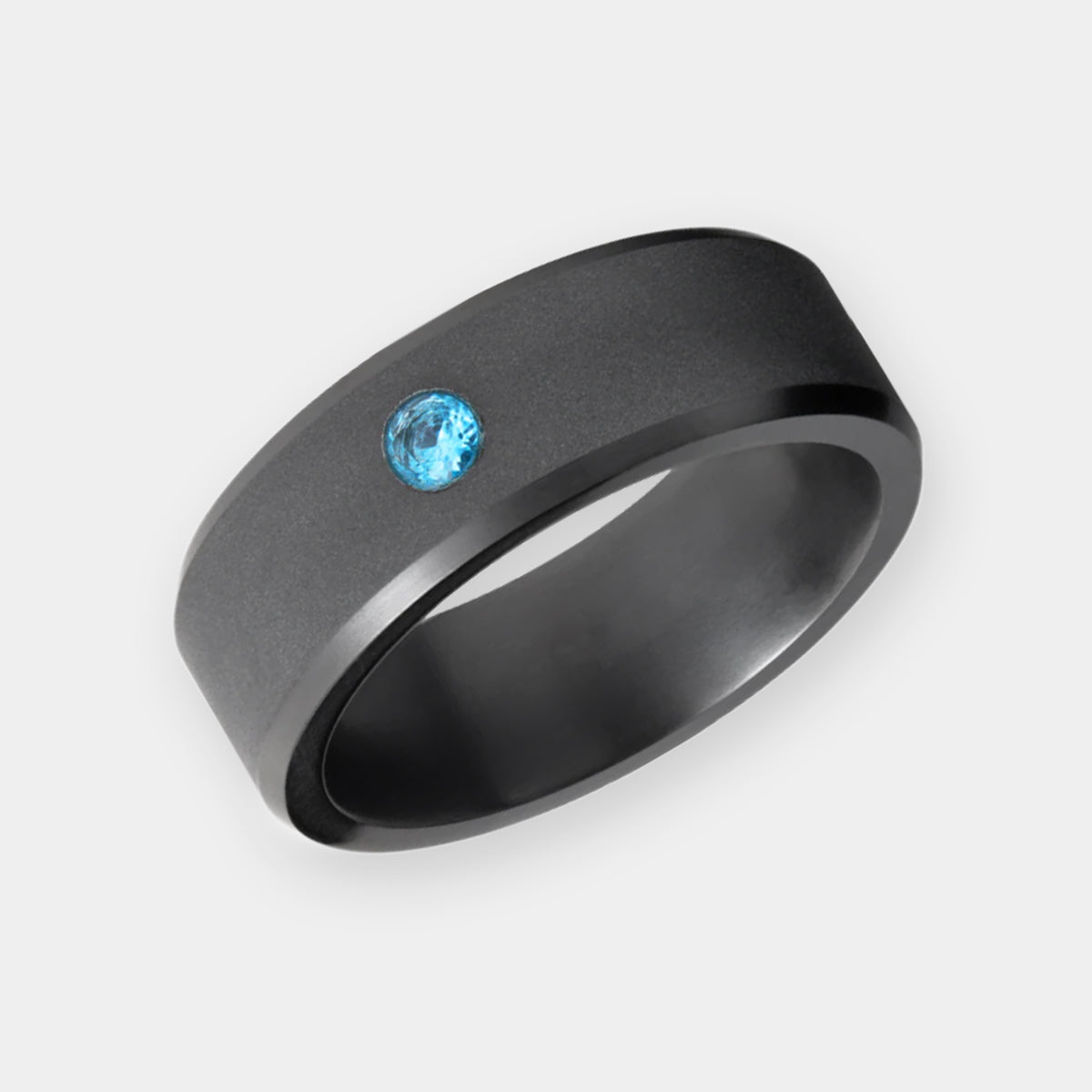 ElysiumBlack.com | Elysium ARES - 8mm Solid Black Diamond Ring with a Blue Diamond Inset