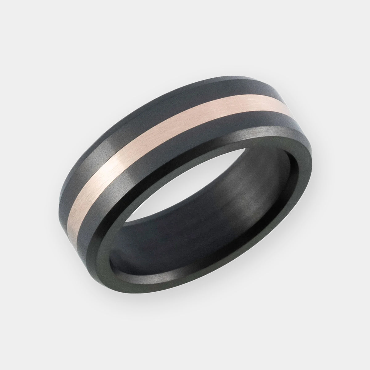 Men's Black Diamond Ring with 18k Rose Gold Inlay on a white background | Elysium ARES | Men’s 18k Rose Gold Rings | Men's Gold Wedding Ring
