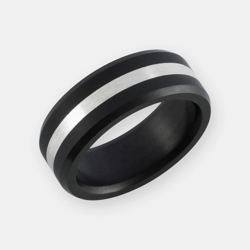 Elysium Black Diamond Ring: Elysium Ares 8mm Black Diamond Ring with Platinum Inlay | Wedding Ring for Men | Men's Wedding Bands | Crushed Black Diamond