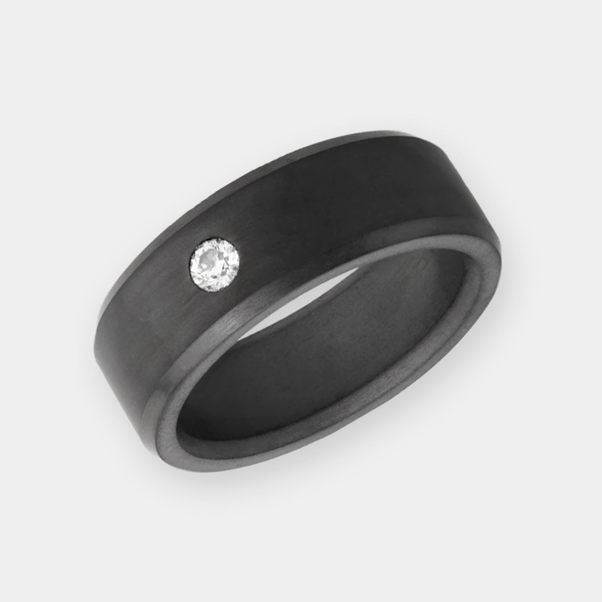 Solid Black Diamond Ring with White Diamond Inset on White Background | Elysium Black Diamond Ring - Ares 8mm | Men's Crushed Diamond Ring | Products | Image 1