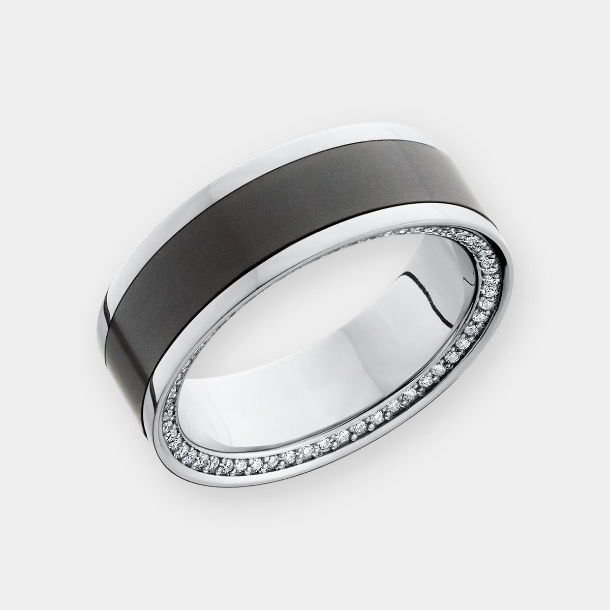 Solid Black Diamond Inlay Ring with a Platinum Band & Approximately 120 White Diamonds Inset on a Reverse Bevel | Elysium Black Diamond Ring - Zeus 8mm | Products | Image 1