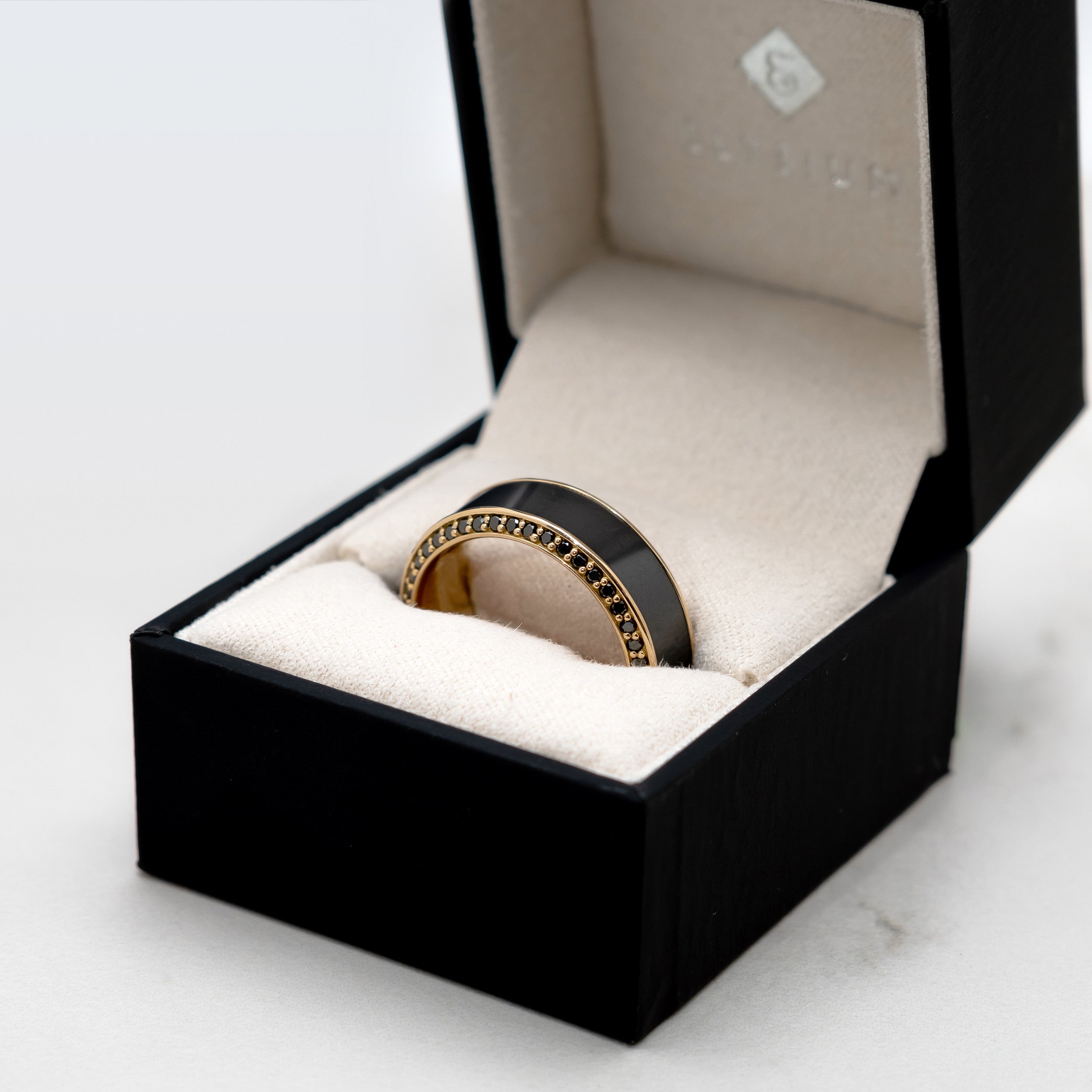 Black Diamond - Men’s Ring 8mm - Yellow Gold Band w Black Diamond inlay and Diamond Insets - HELIOS - Elysium Black Diamond
