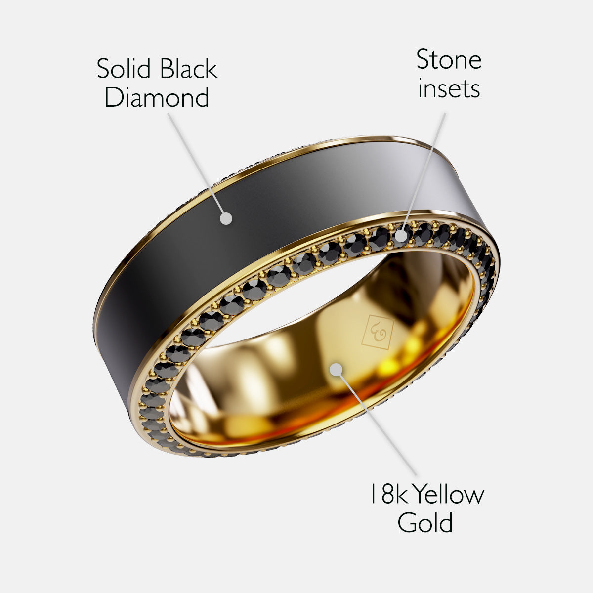 Black Diamond - Men’s Ring 8mm - Yellow Gold Band w Black Diamond inlay and Diamond Insets - HELIOS - Elysium Black Diamond