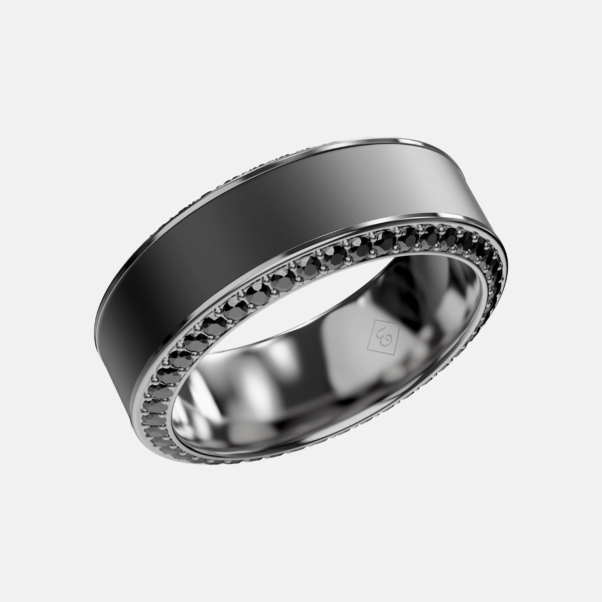 Black Diamond - Men’s Ring 8mm - White Gold Band w Black Diamond inlay and Diamond Insets - HELIOS - Elysium Black Diamond
