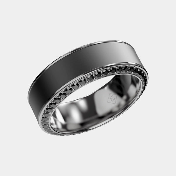 Black Diamond - Men’s Ring 8mm - White Gold Band w Black Diamond inlay and  Diamond Insets - HELIOS - Elysium Black Diamond