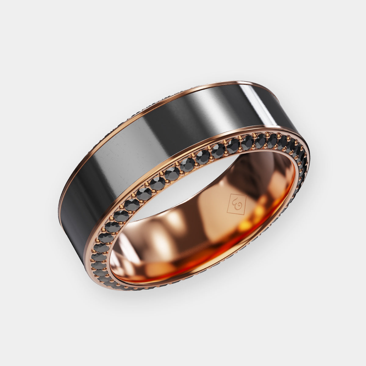Men's Black Diamond 8mm Ring with Rose Gold Band with Black Diamond Inlay and Black Diamond Insets | Elysium HELIOS | Men’s Rose Gold Band | Men's Black Diamond Wedding Ring