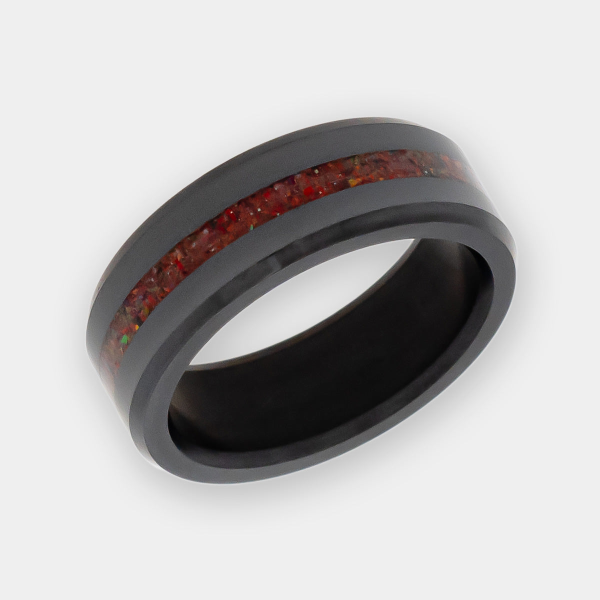 Men's Black Diamond & Magma Red Opal Ring with a white background | Elysium ARES | Mens Opal Rings | Red Opal Wedding Band Men | Red Opal Ring Men