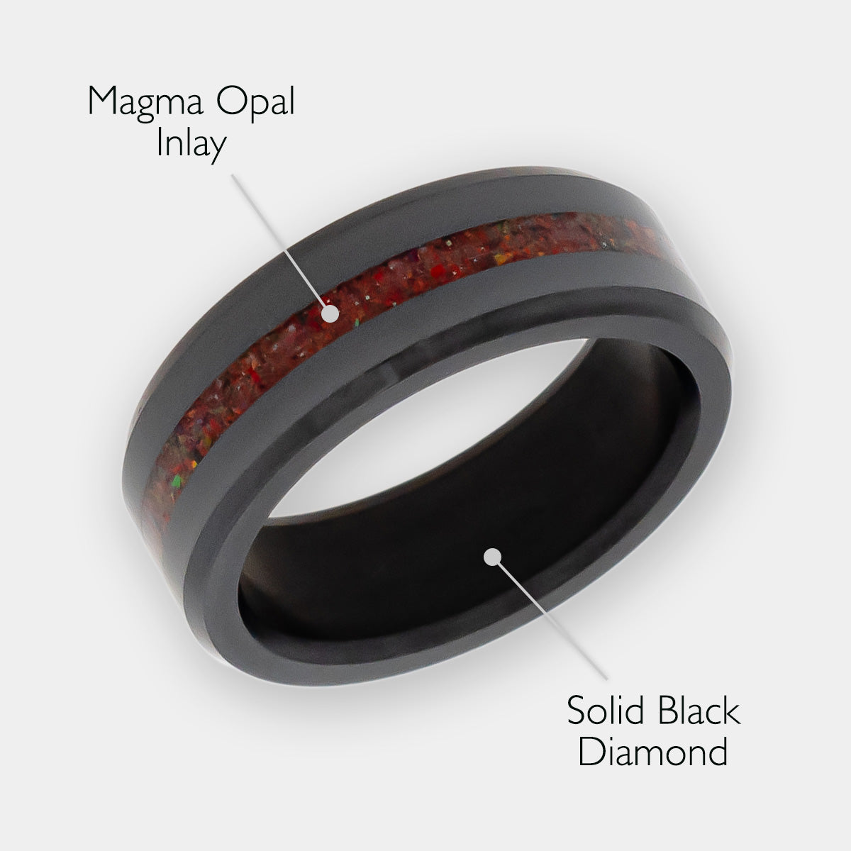 Men's Black Diamond & Magma Red Opal Ring with a white background & material descriptions listed | Elysium ARES | Mens Opal Rings | Red Opal Wedding Band Men | Red Opal Ring Men