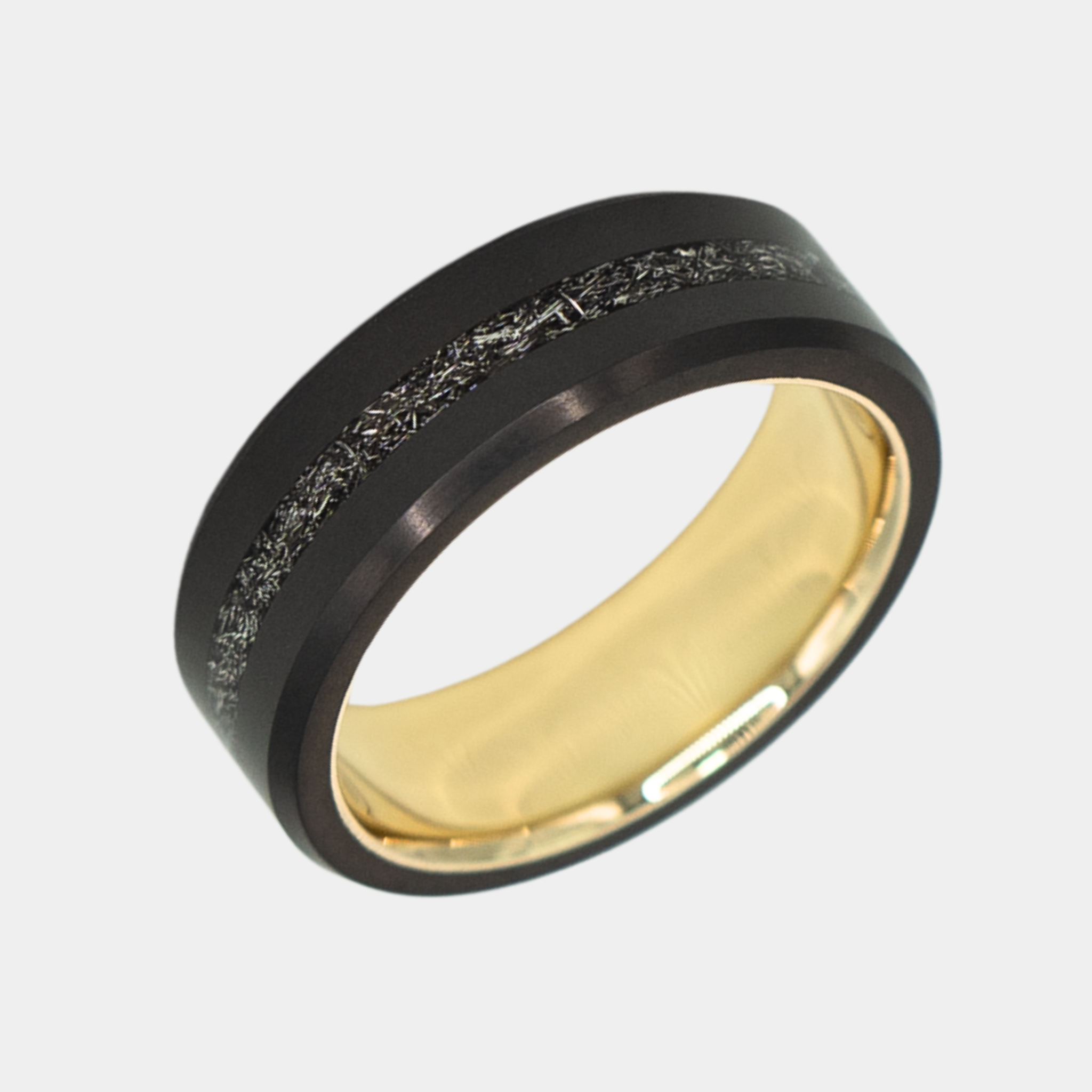 Elysium Black Diamond Men's Wedding Ring, featuring a Meteorite Inlay with a Yellow Gold Sleeve. 