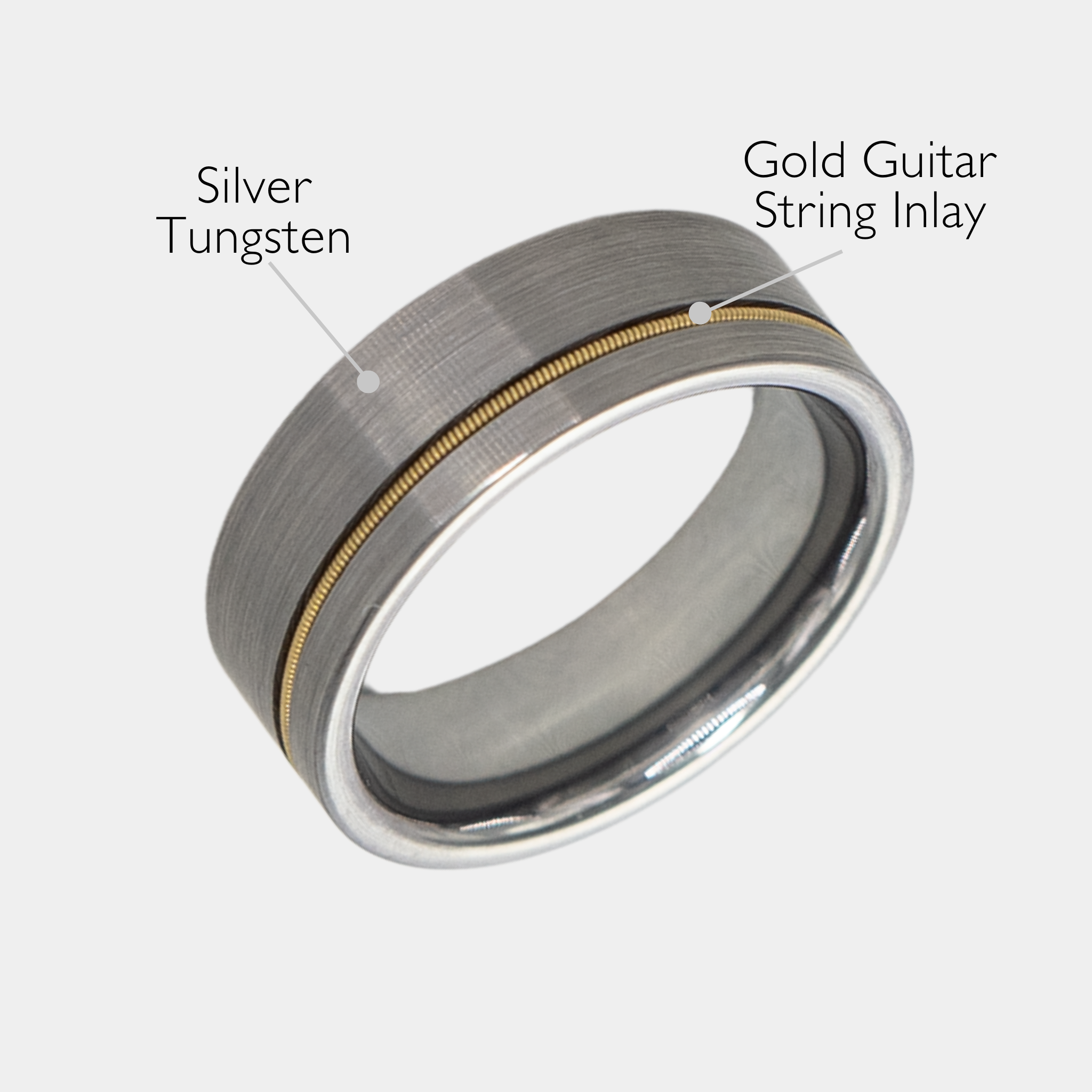 Orpheus ring – Brushed Silver Tungsten with Gold Guitar String Inlay from The Hustler Collection. Angled view with product name overlay.