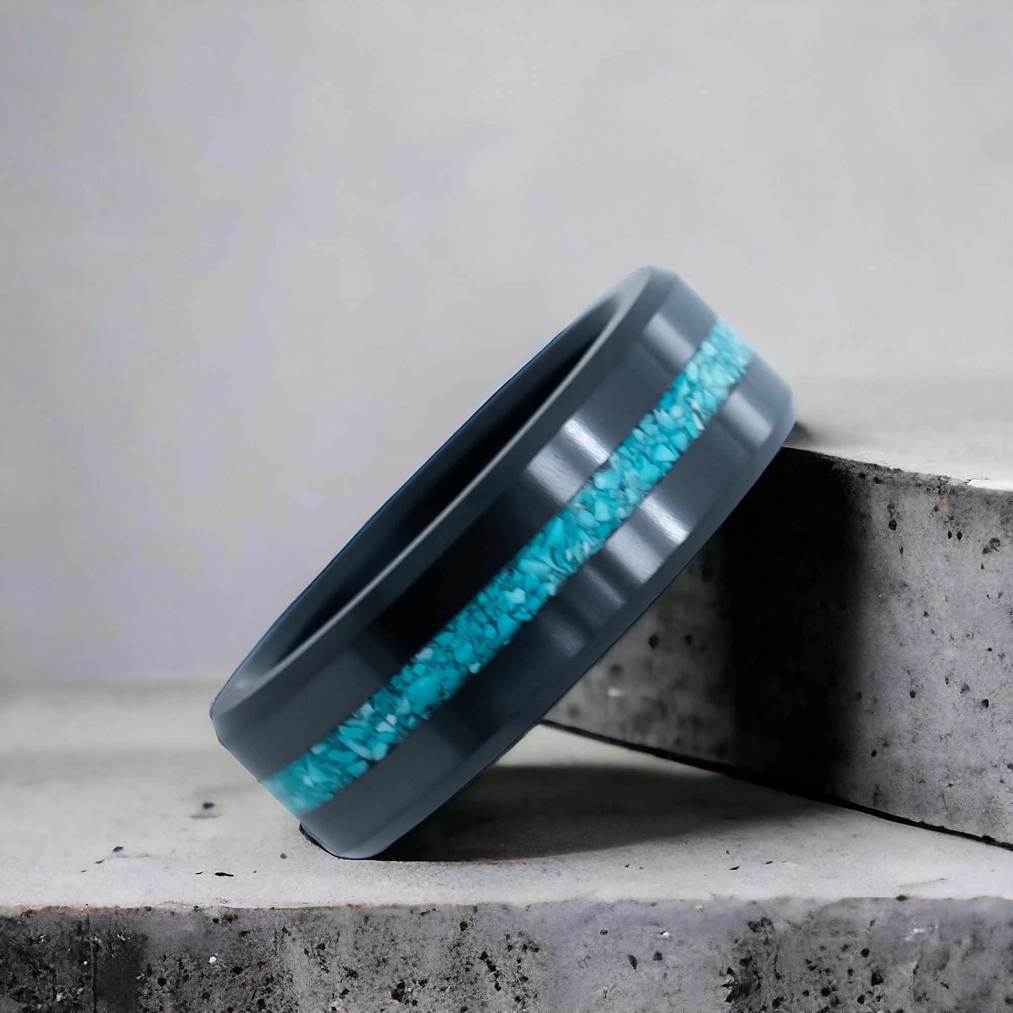 Black Diamond - Men’s Ring 8mm - Authentic Turquoise Stone Inlay - ARES - Elysium Black Diamond