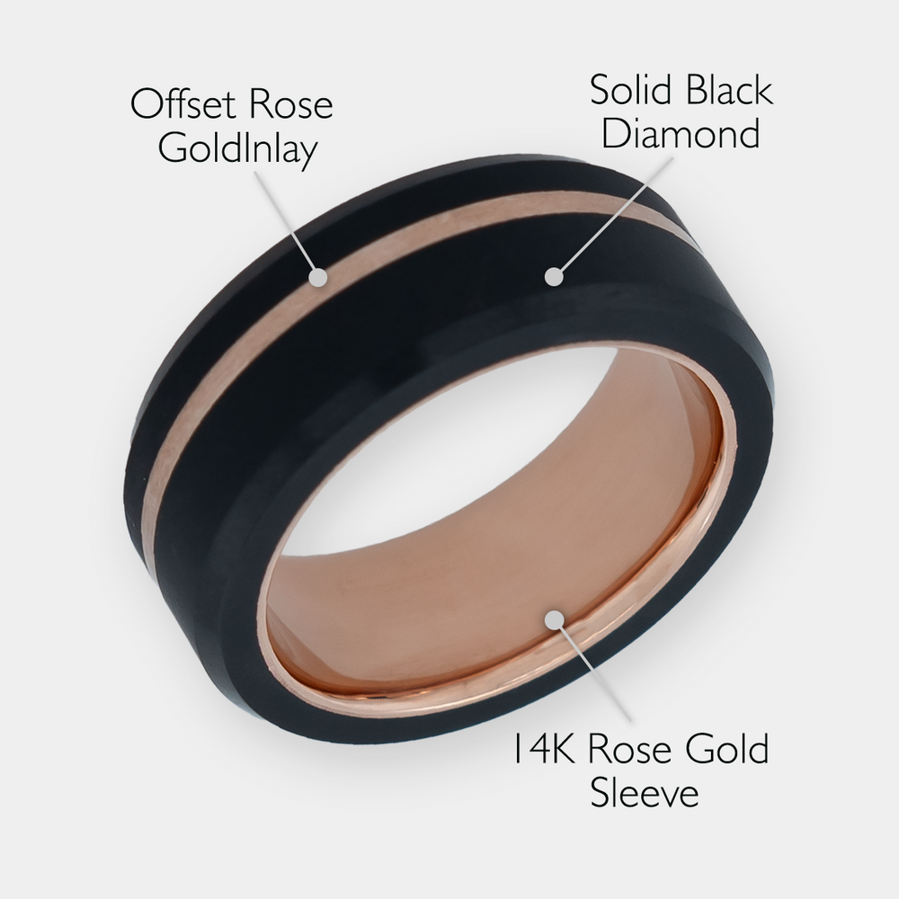 Ares 8mm Black Diamond Ring | 14K Rose Gold Sleeve with Offset Rose ...