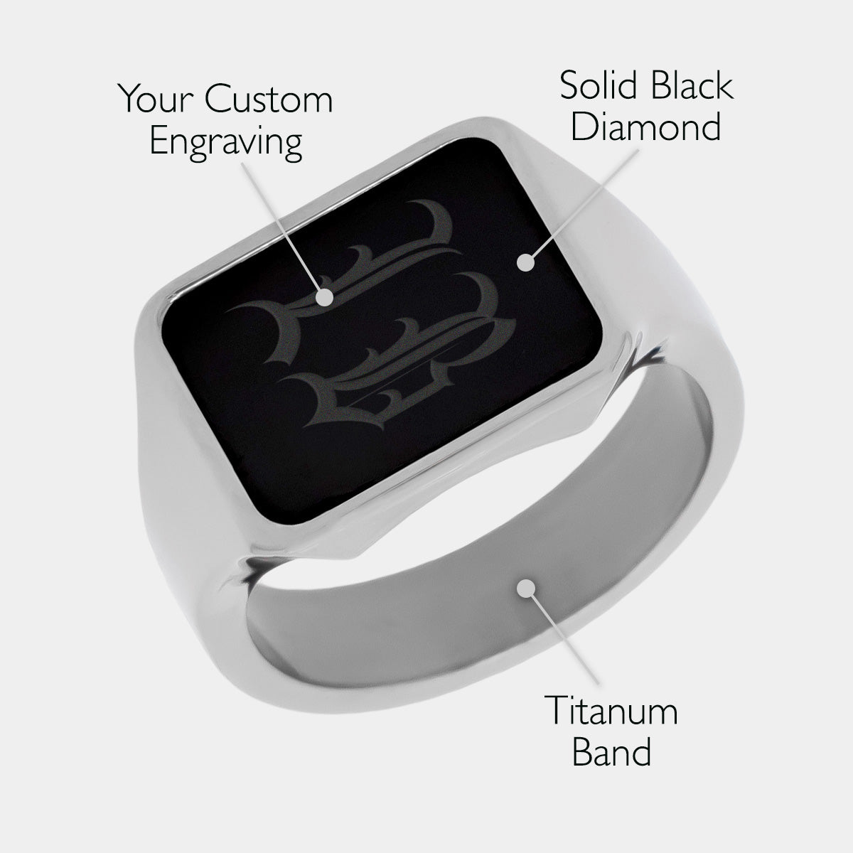 Black Diamond - Men’s Ring 8mm - Titanium Band w Custom Black Diamond Signet - PERSEUS - Elysium Black Diamond