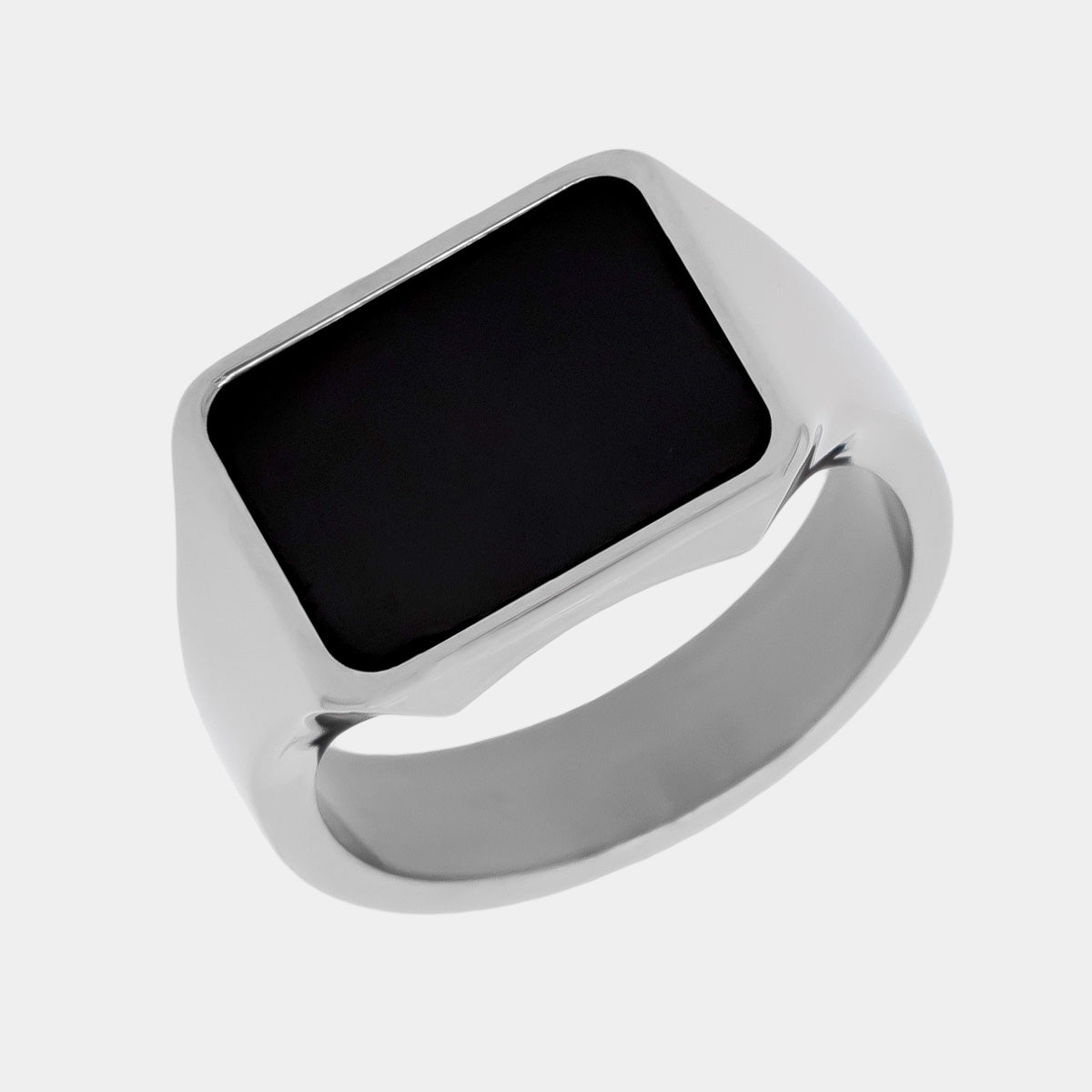 Men's Titanium Band & Black Diamond Signet with white background | Elysium PERSEUS | Black Diamond Ring | Titanium Signet Ring | Signet Wedding Ring | Mens Diamond Signet Ring