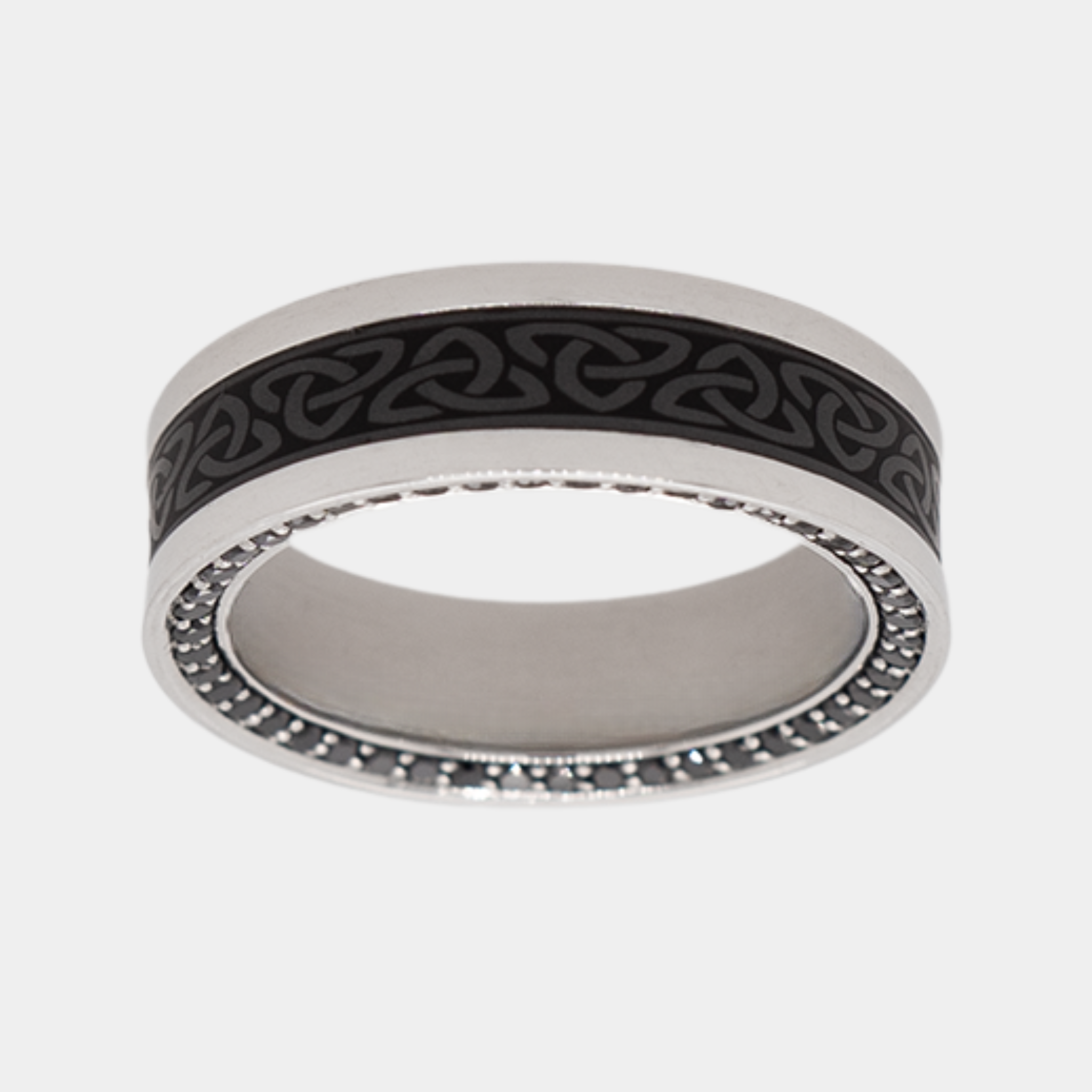 ZEUS 7mm - Size 10 - Satin Finish - Celtic Laser - Platinum Band with Black Diamond Inlay and Black Diamond Insets  - SHIPS WITHIN 2 BUSINESS DAYS