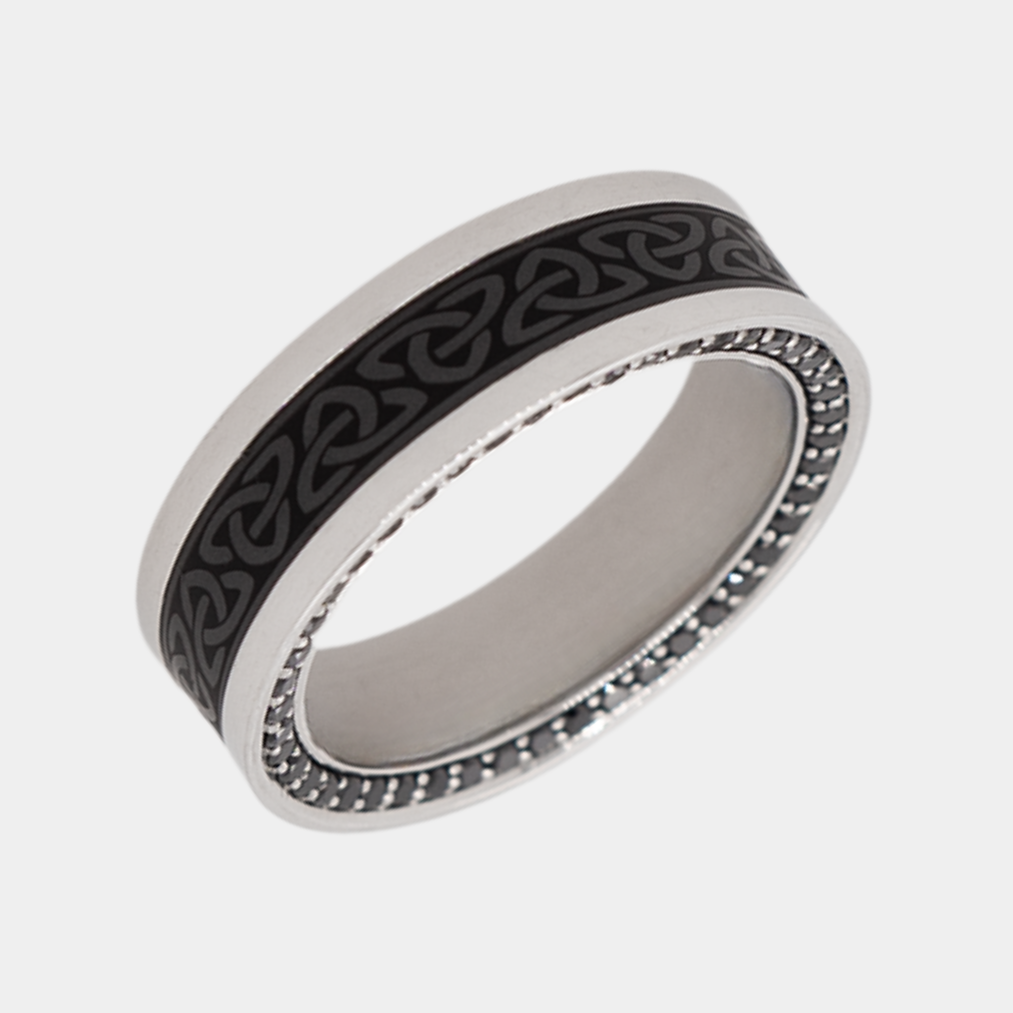 ZEUS 7mm - Size 10 - Satin Finish - Celtic Laser - Platinum Band with Black Diamond Inlay and Black Diamond Insets  - SHIPS WITHIN 2 BUSINESS DAYS