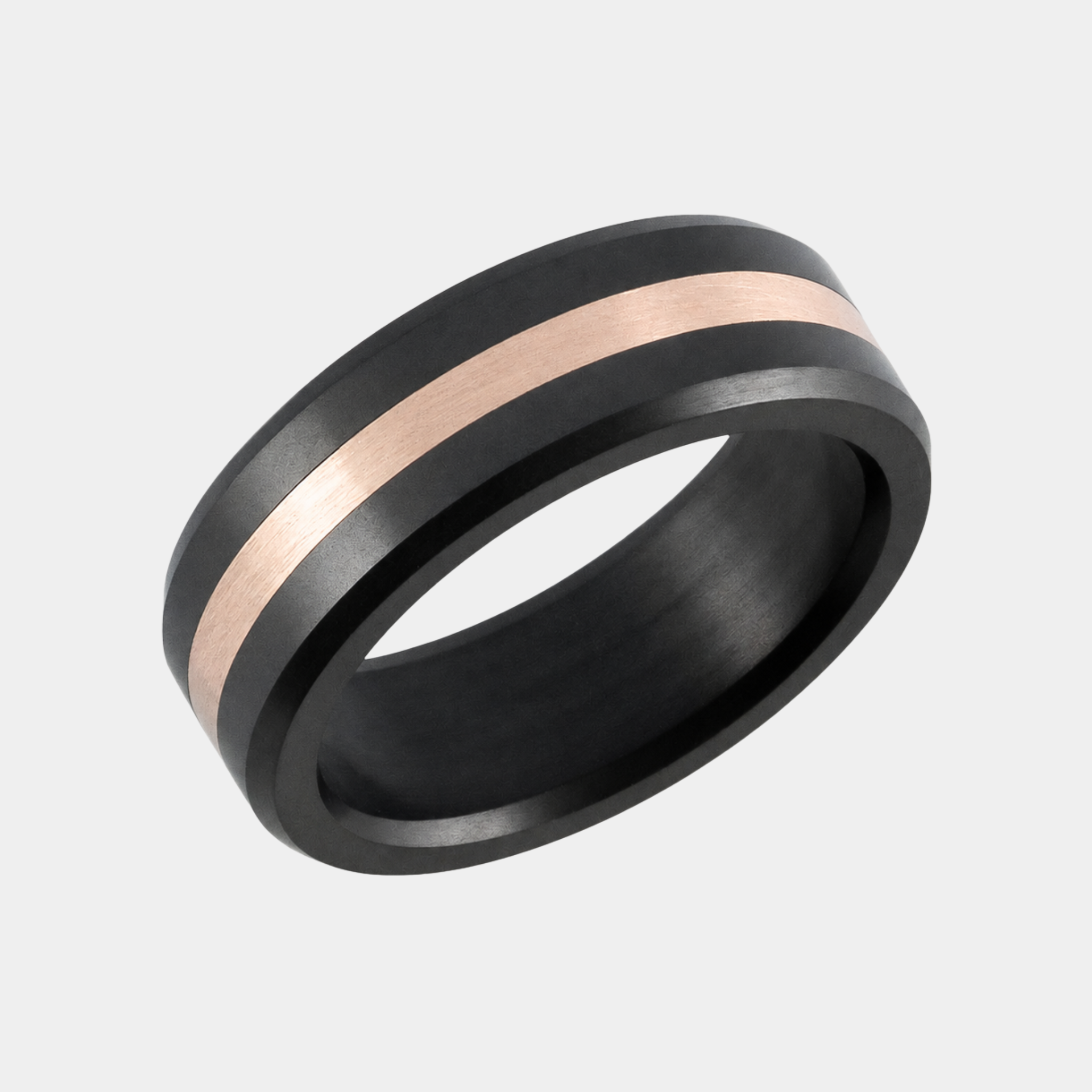 ARES 8mm solid black diamond wedding band with centered 10K rose gold inlay