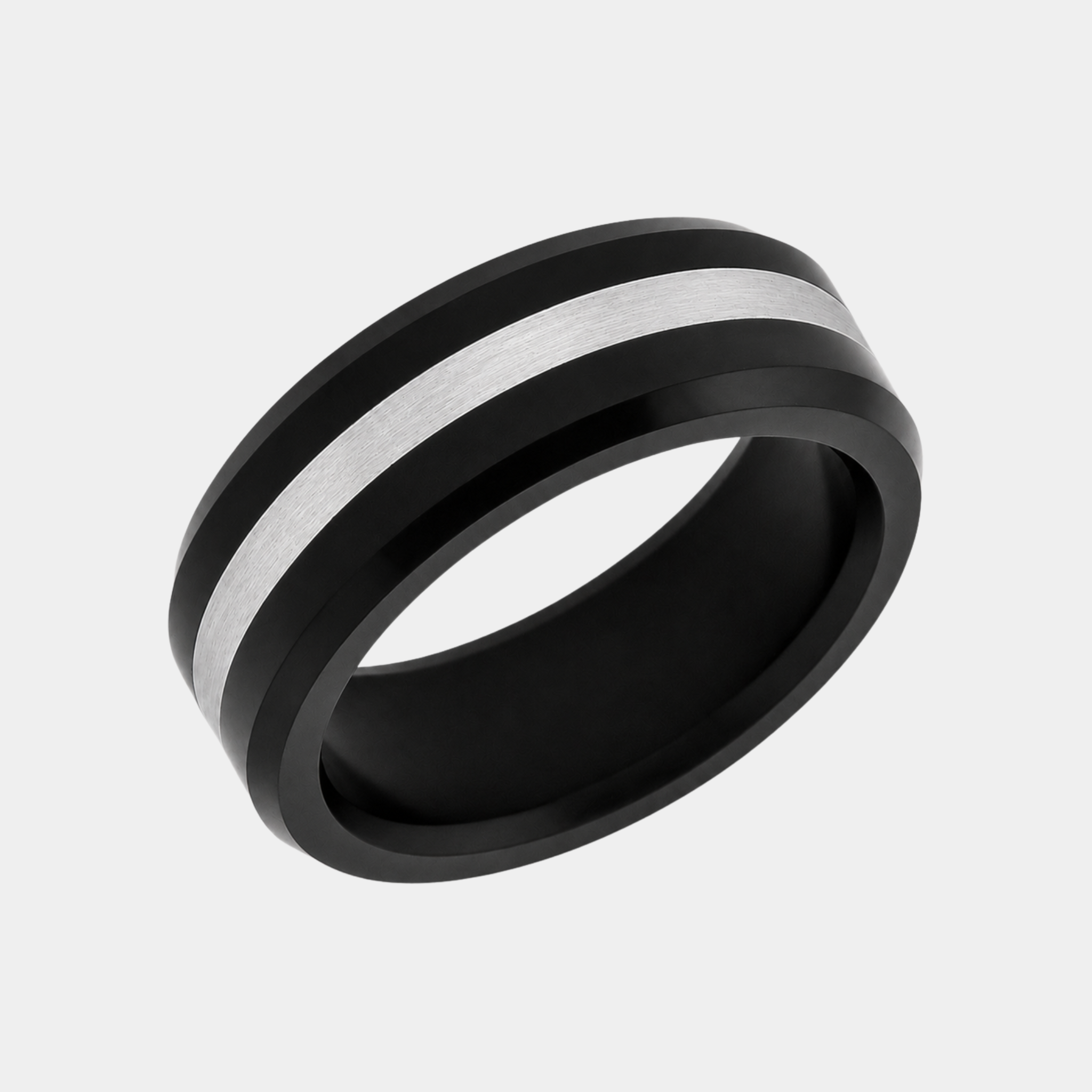 ARES 8mm solid black diamond wedding band with centered platinum inlay