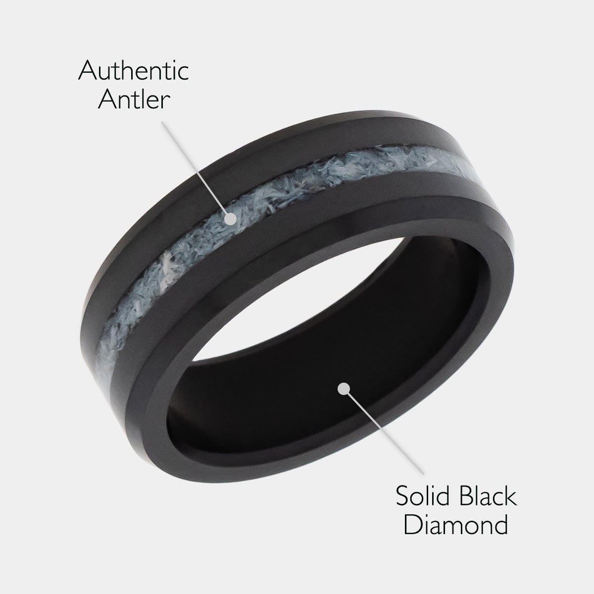 Men's Black Diamond & Authentic Antler Ring with a white background & material descriptions listed | Elysium ARES | Black Diamond Ring | Antler Rings | Rings Made from Antlers