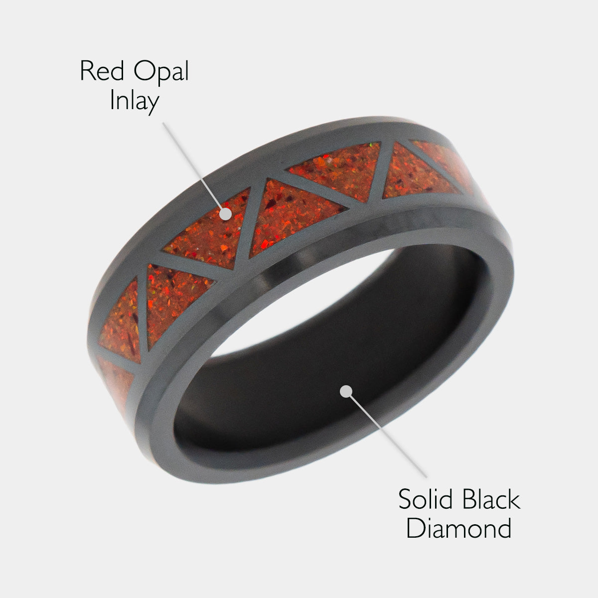 Black Diamond - Men’s Ring 8mm - Red Opal Triangle Pattern Inlay - ARES - Elysium Black Diamond