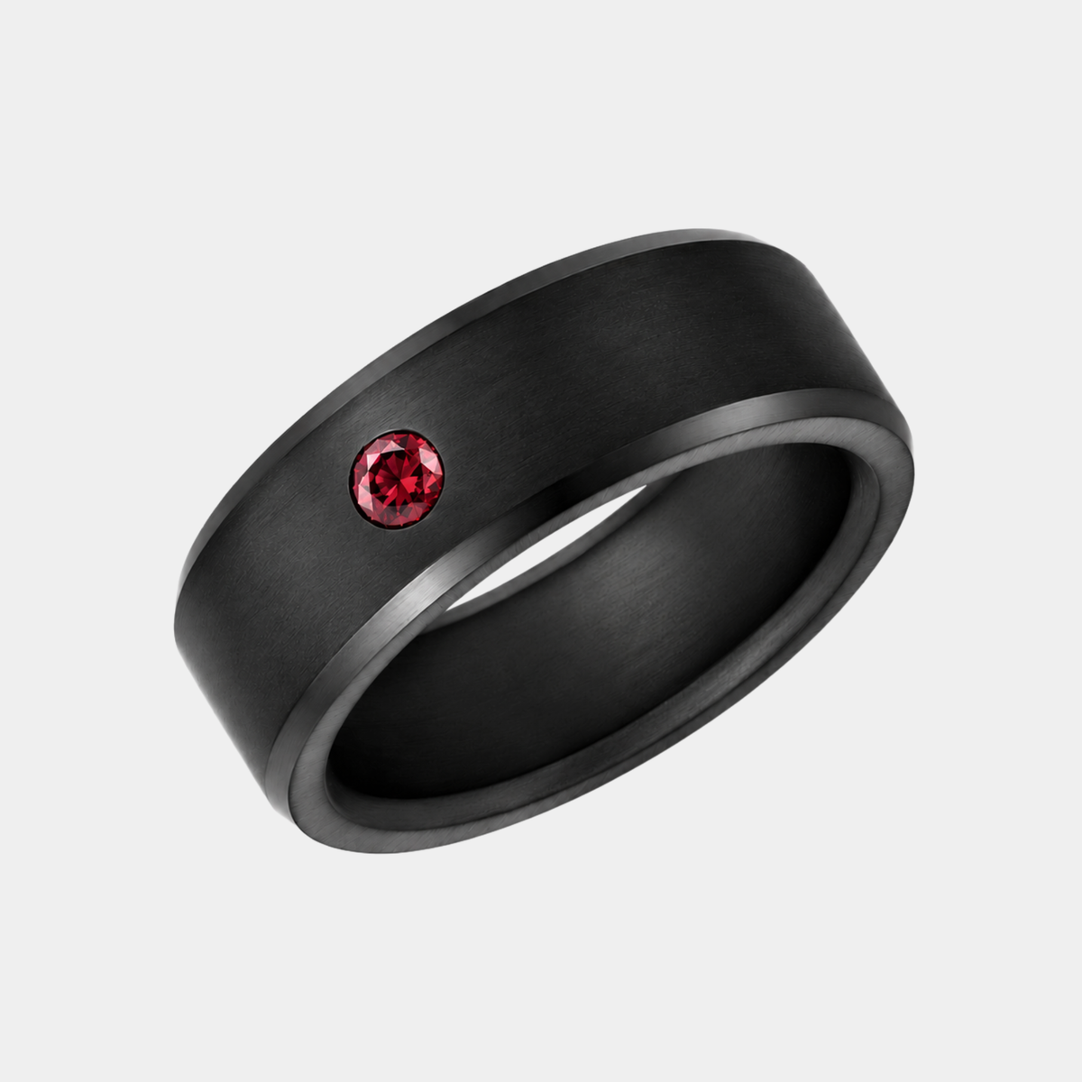 8mm ARES Stone Accent solid black diamond ring with beveled edges and a single Red diamond, angled view.