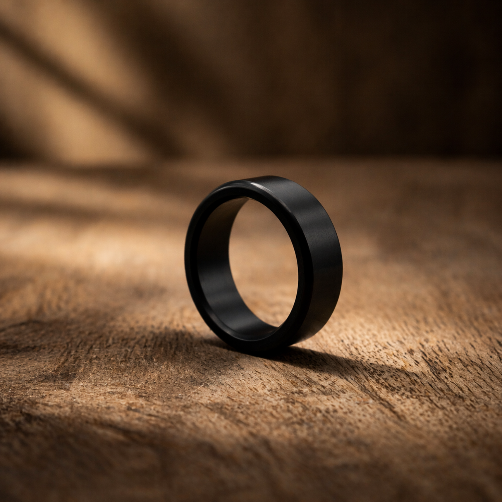 KRATOS 8mm polished solid black diamond wedding band standing on a warm wood surface