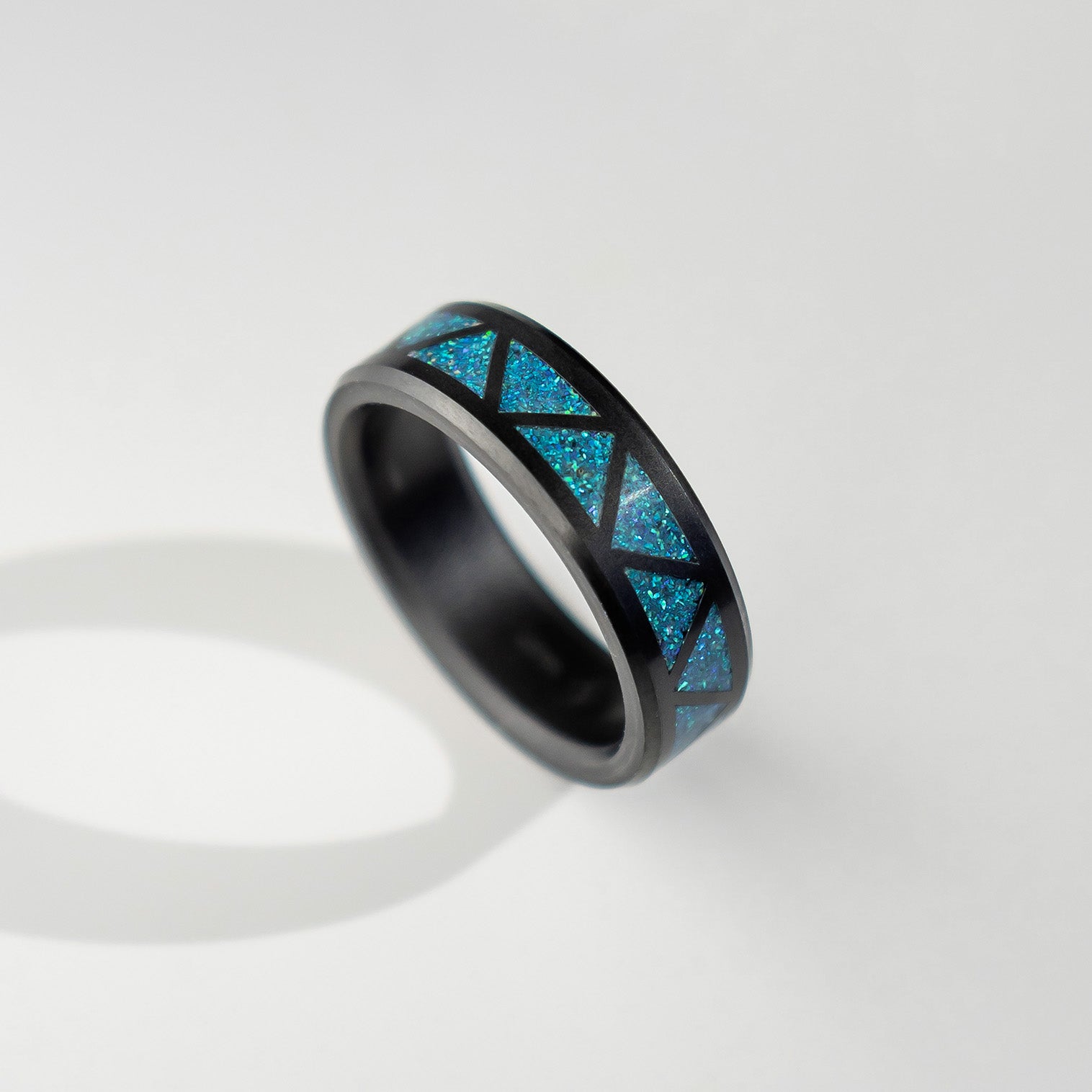 Black Diamond - Men’s Ring 8mm - Blue Opal Triangle Pattern Inlay - ARES - Elysium Black Diamond